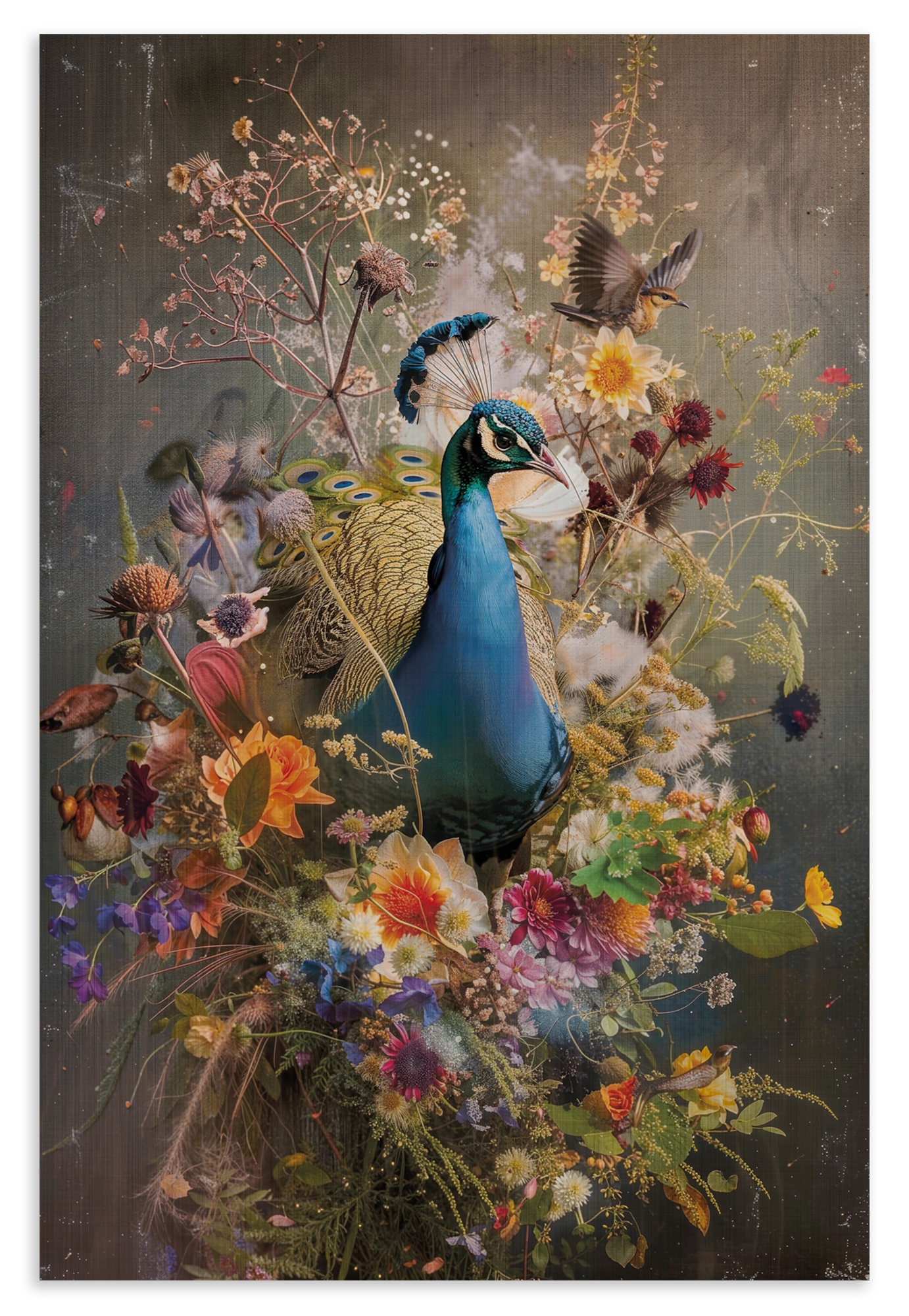 Houten wanddecoratie Bloemen Pauw: blauwe pauw tussen kleurrijke bloemen en vlinders.