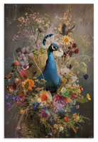 Houten wanddecoratie Bloemen Pauw: blauwe pauw tussen kleurrijke bloemen en vlinders.