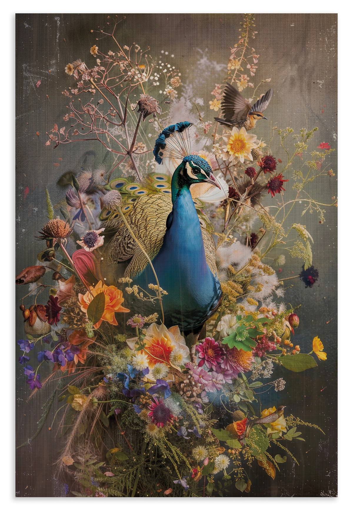 Houten wanddecoratie Bloemen Pauw: blauwe pauw tussen kleurrijke bloemen en vlinders.