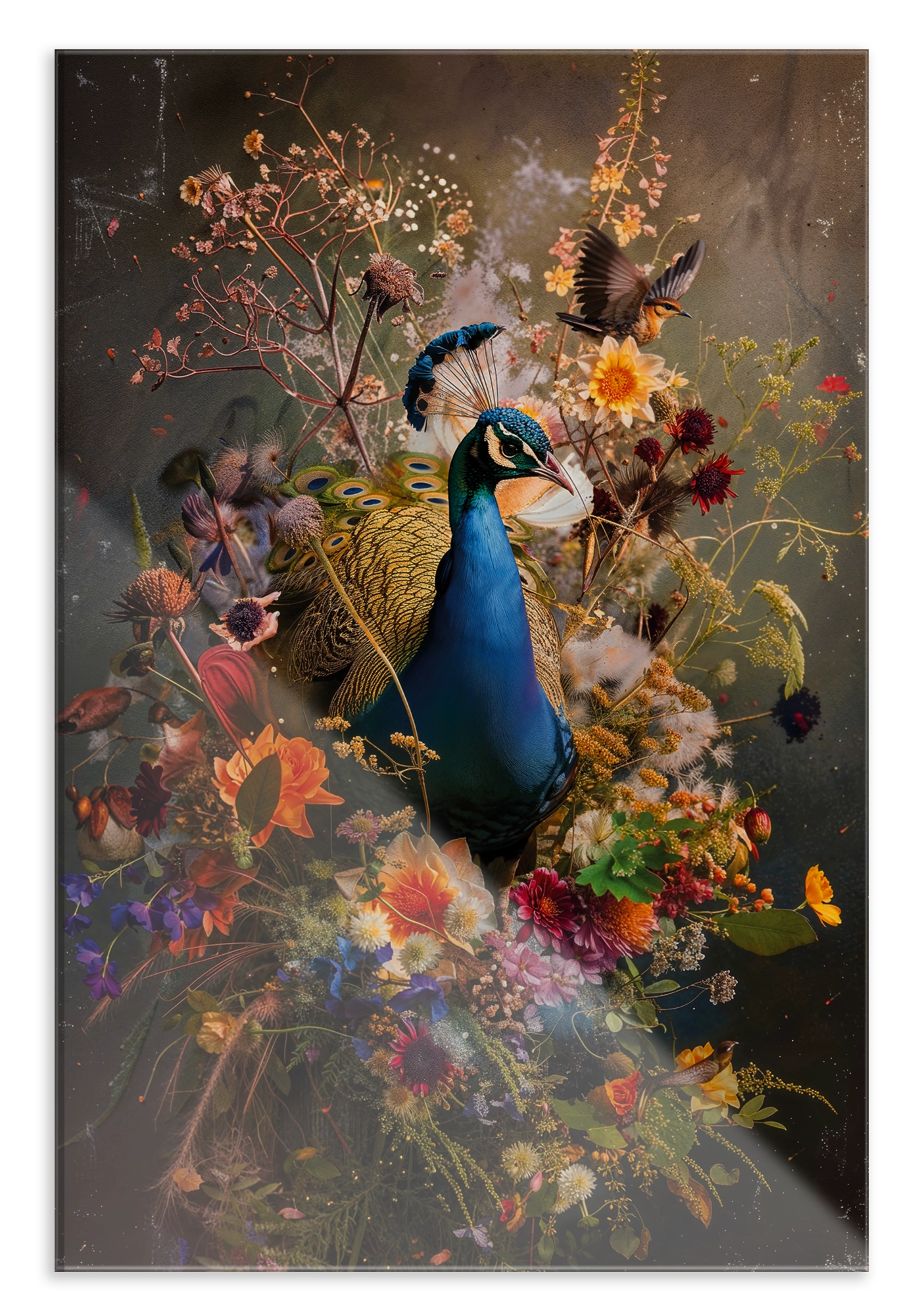 Plexiglas schilderij Bloemen Pauw: blauwe pauw tussen kleurrijke bloemen en vlinders.