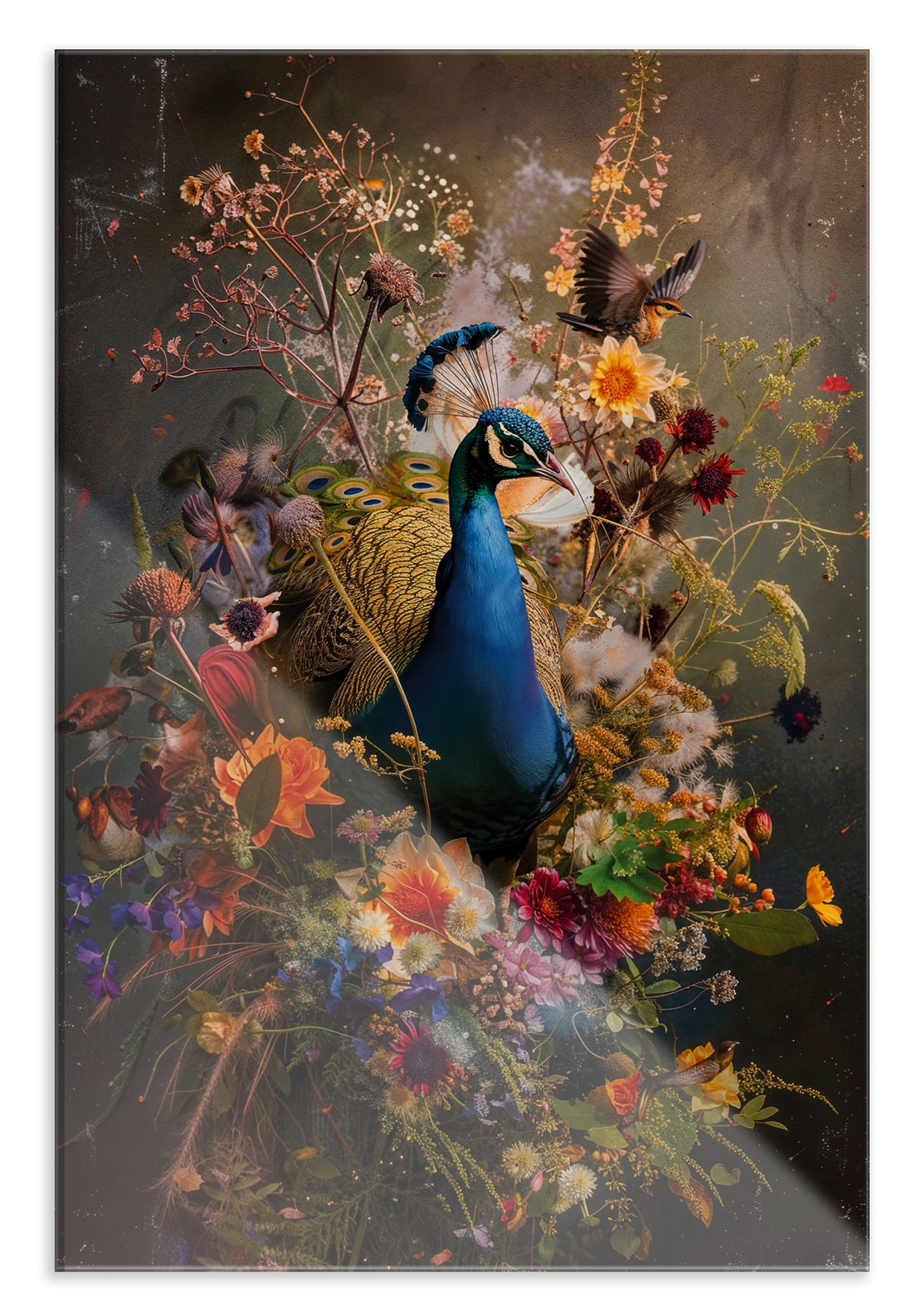 Plexiglas schilderij Bloemen Pauw: blauwe pauw tussen kleurrijke bloemen en vlinders.