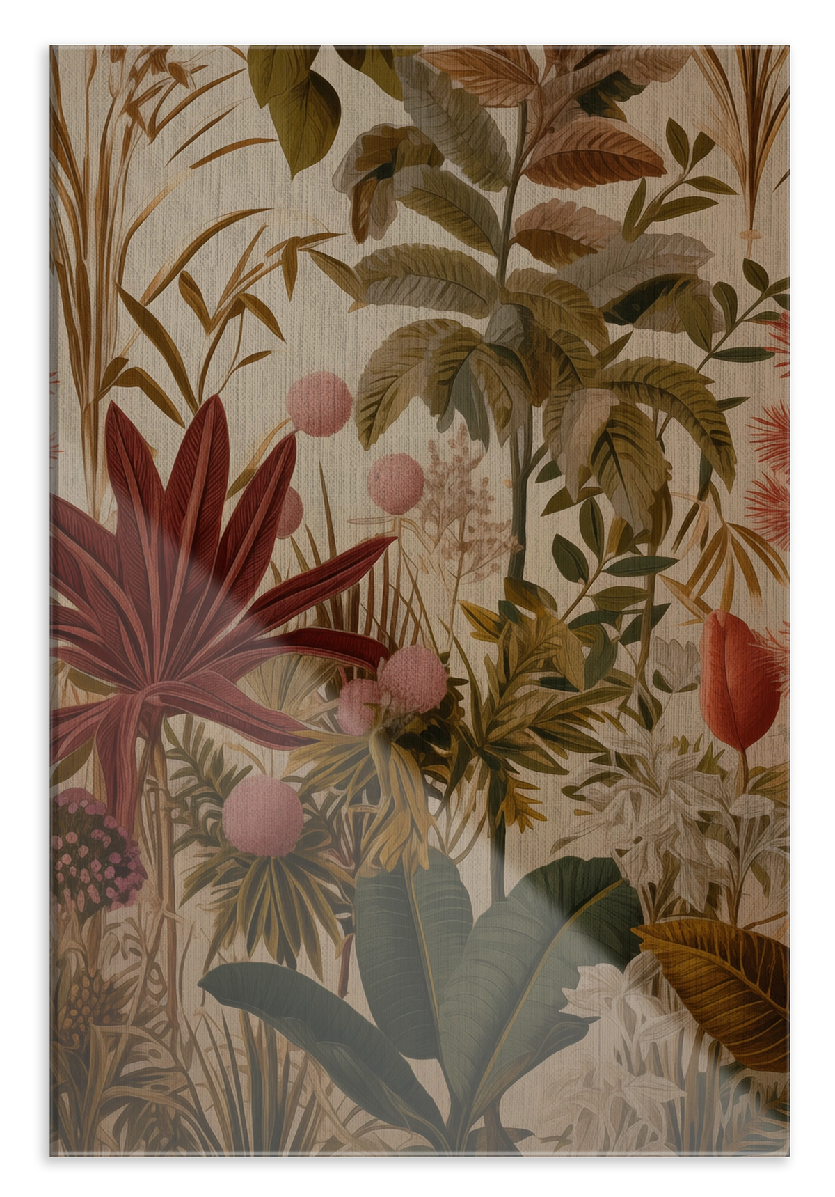 Plexiglas schilderij Bloemen: tropische planten en bloemen in zachte aardetinten.