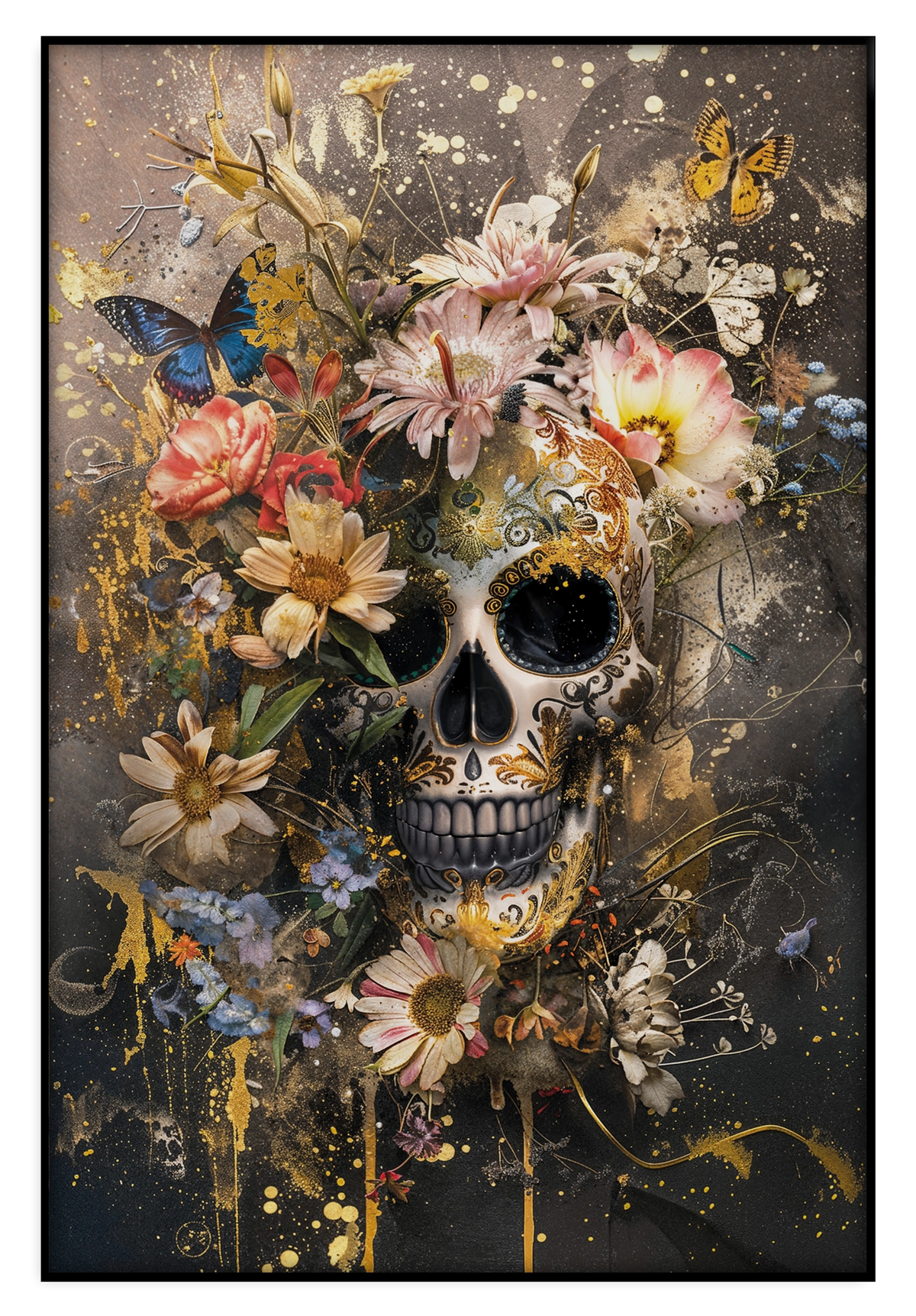 Artframe Bloemen schedel: schedel omringd door kleurrijke bloemen en vlinders.