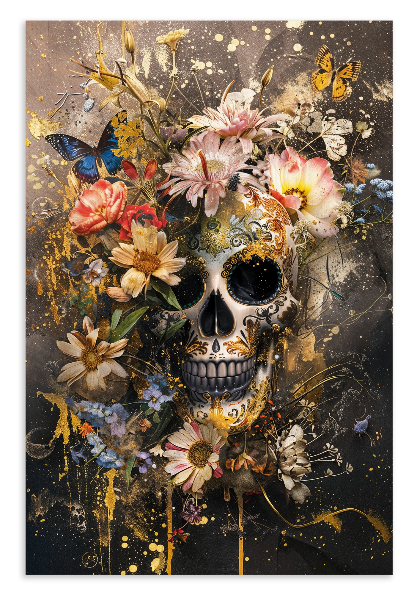 Canvas schilderij Bloemen schedel: schedel omringd door kleurrijke bloemen en vlinders.
