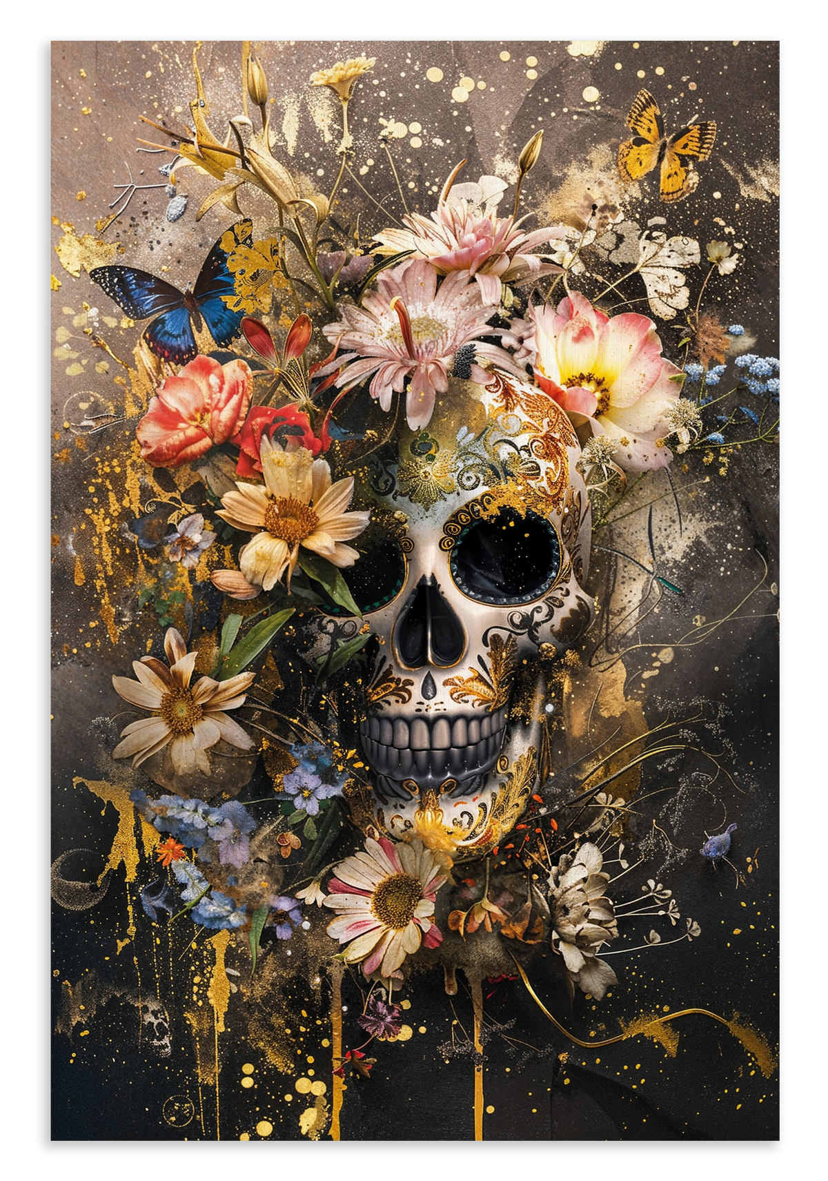 Canvas schilderij Bloemen schedel: schedel omringd door kleurrijke bloemen en vlinders.