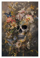 Houten wanddecoratie Bloemen schedel: schedel omringd door kleurrijke bloemen en vlinders.