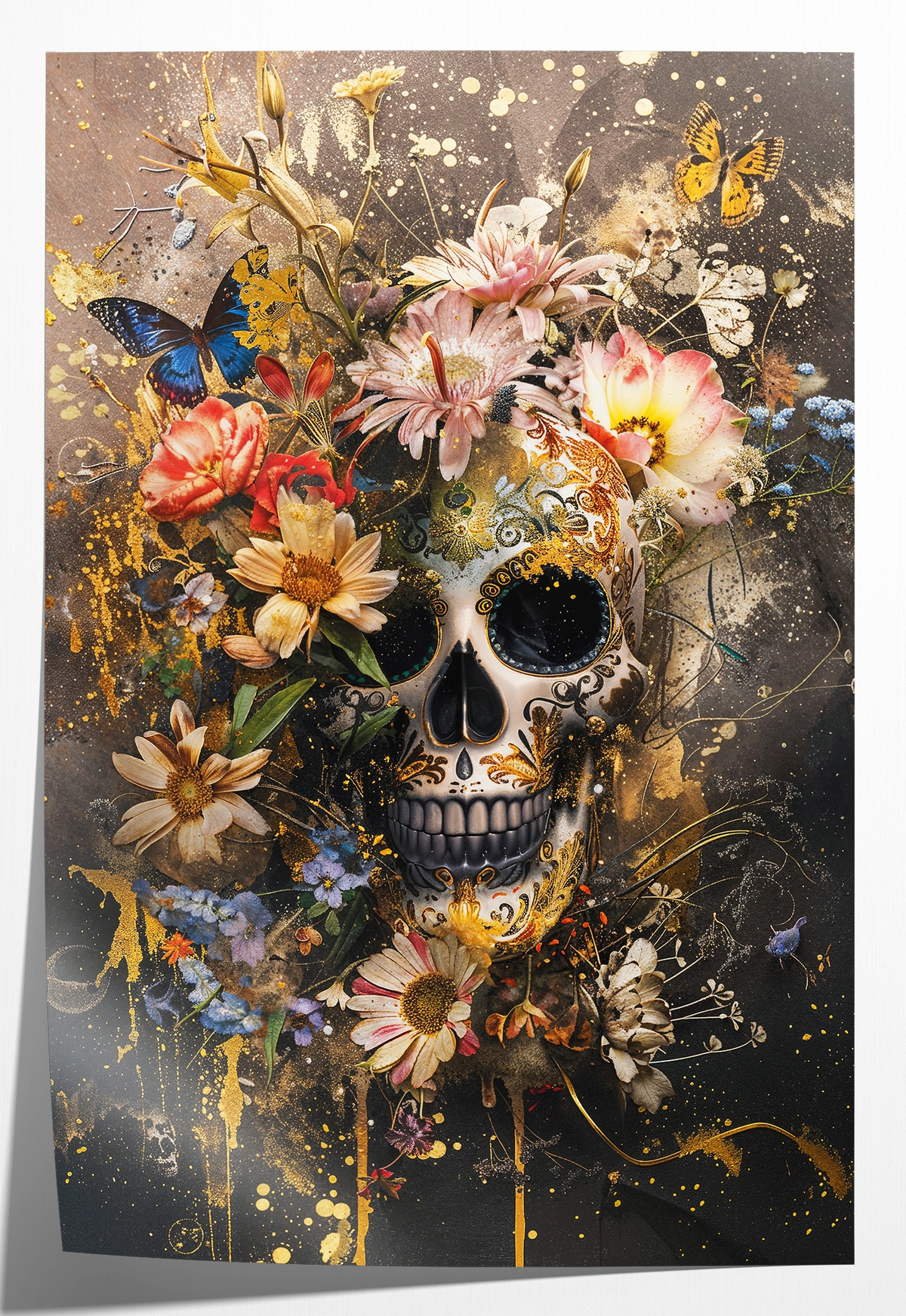Papieren poster Bloemen schedel: schedel omringd door kleurrijke bloemen en vlinders.