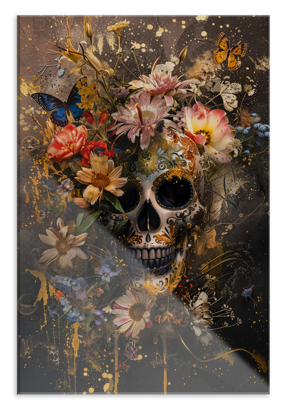 Plexiglas schilderij Bloemen schedel: schedel omringd door kleurrijke bloemen en vlinders.