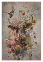 Houten wanddecoratie Bloemen Schotse hooglander: Schotse hooglander tussen kleurrijke bloemen en vlinders.
