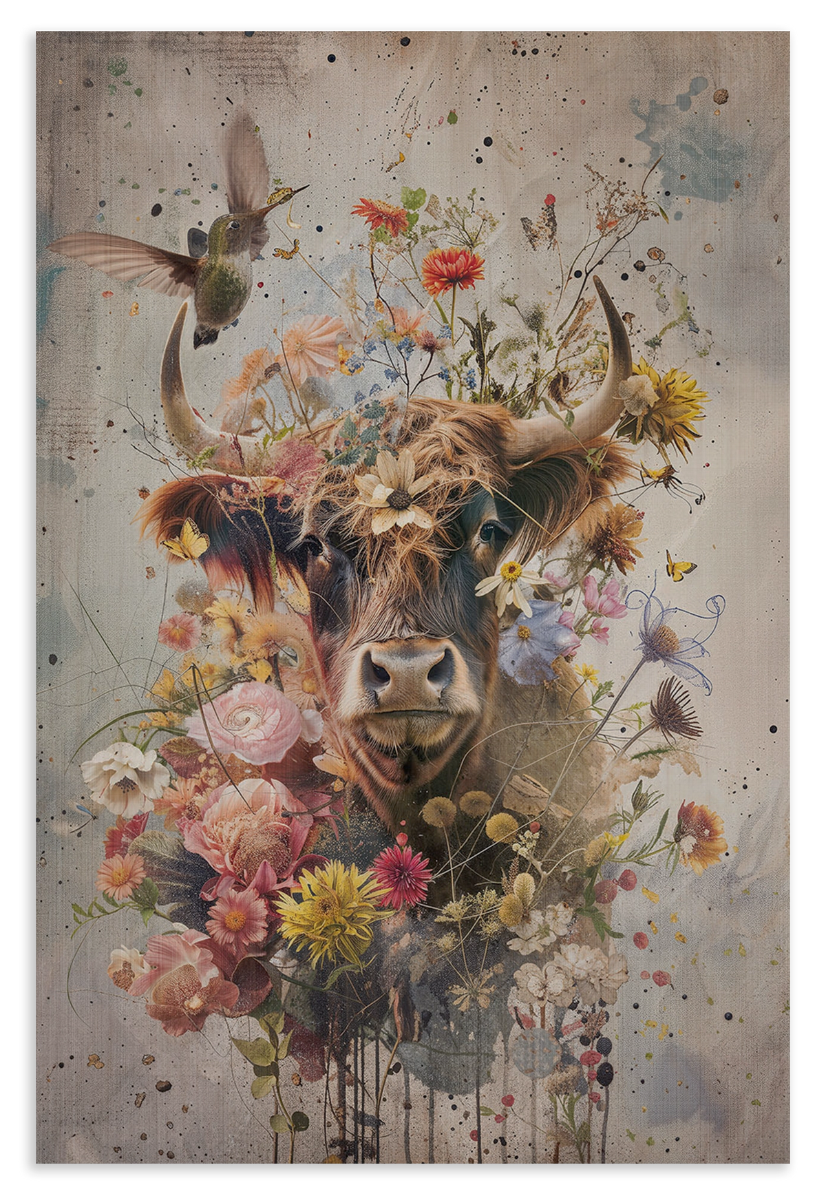 Houten wanddecoratie Bloemen Schotse hooglander: Schotse hooglander tussen kleurrijke bloemen en vlinders.