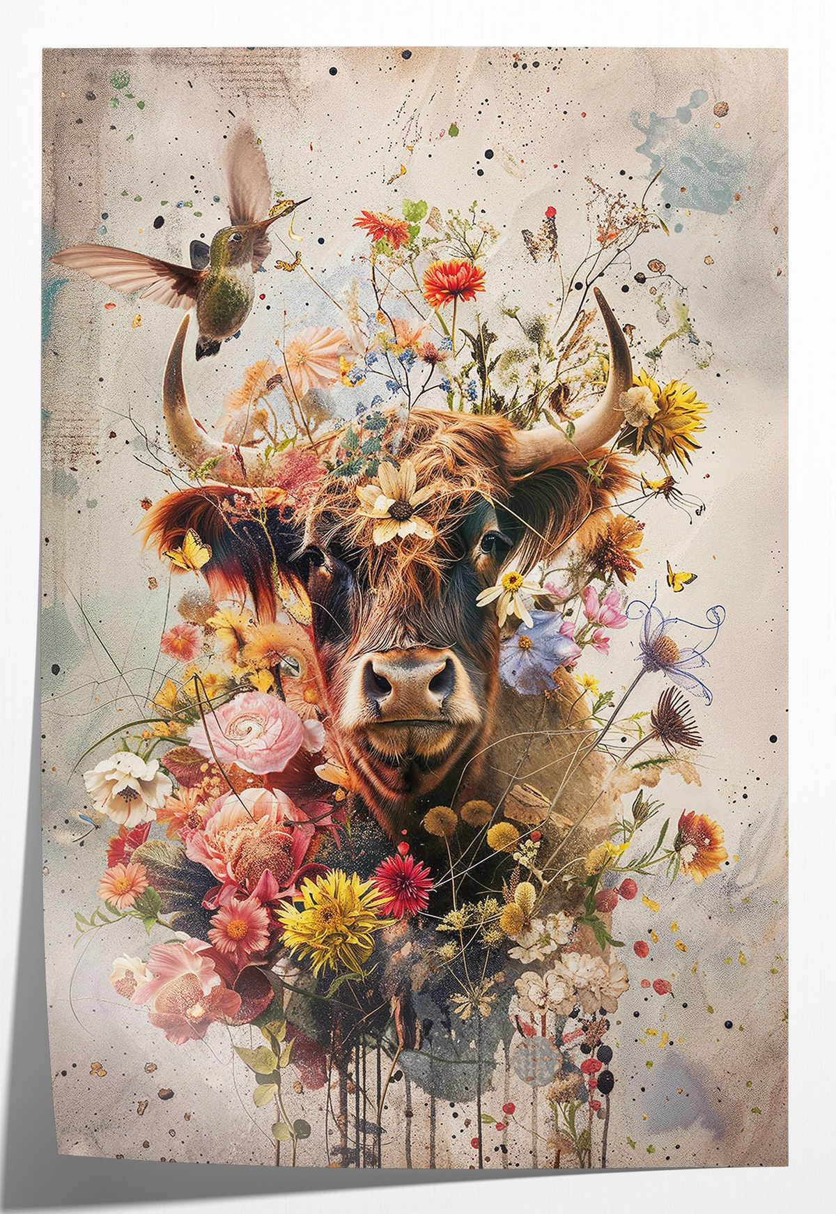 Papieren poster Bloemen Schotse hooglander: Schotse hooglander tussen kleurrijke bloemen en vlinders.