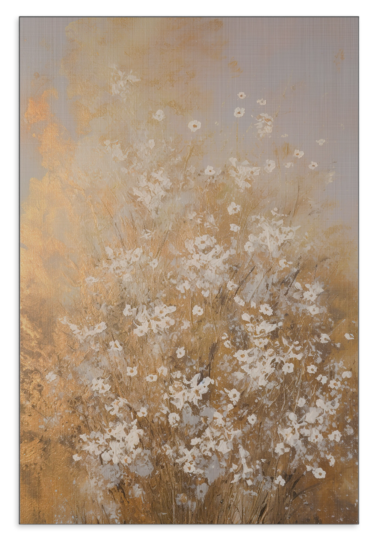 Aluminium Dibond schilderij Bloemen spetters 2: kleine witte bloemen in een abstract beige en goudkleurig landschap.