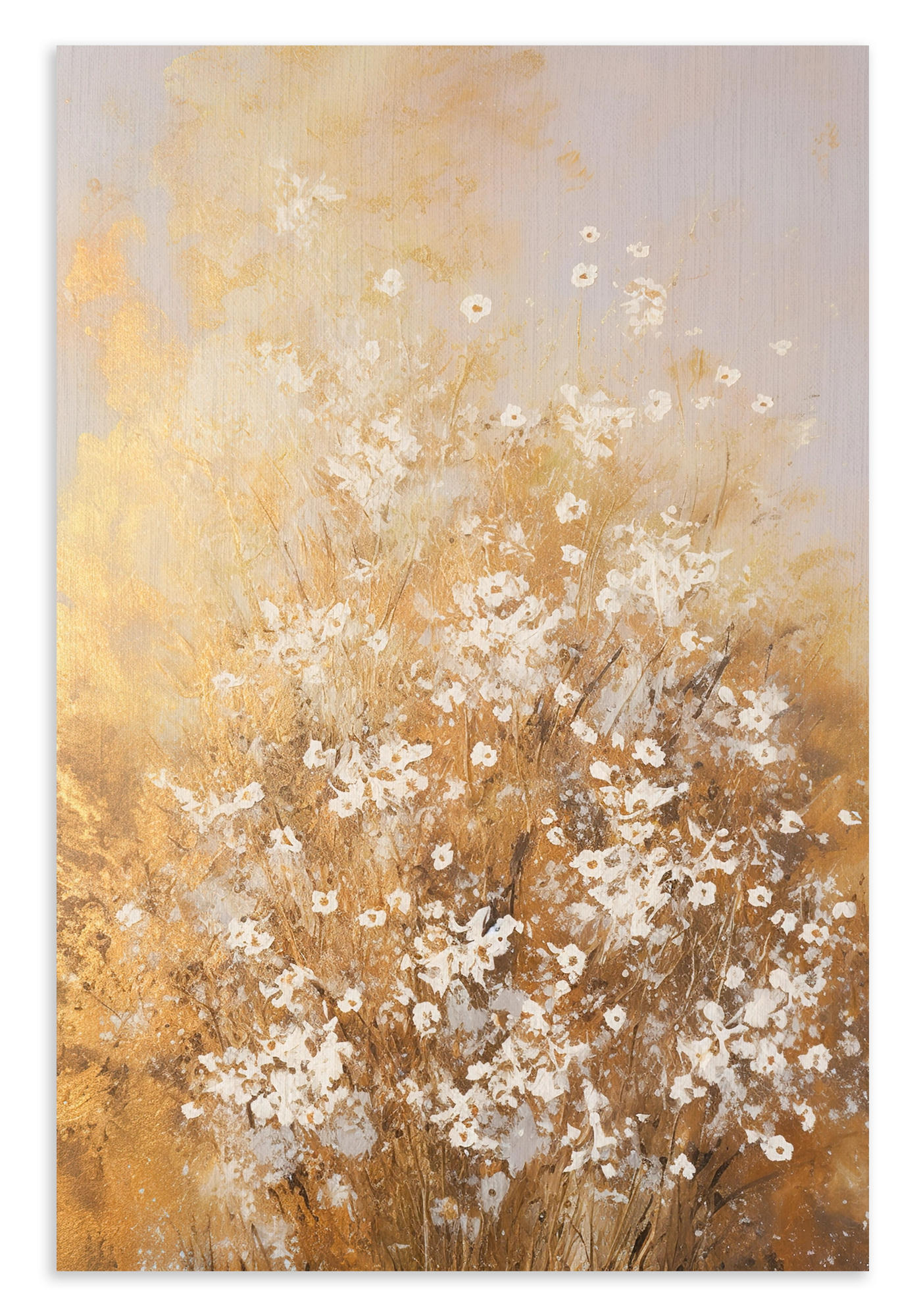 Canvas schilderij Bloemen spetters 2: kleine witte bloemen in een abstract beige en goudkleurig landschap.