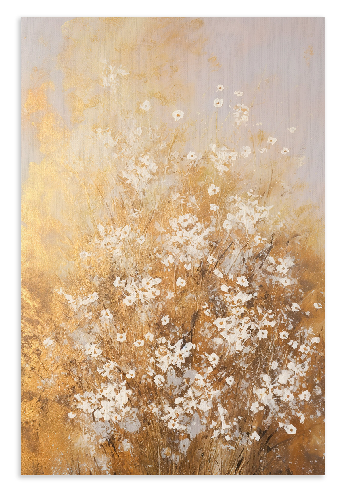 Canvas schilderij Bloemen spetters 2: kleine witte bloemen in een abstract beige en goudkleurig landschap.