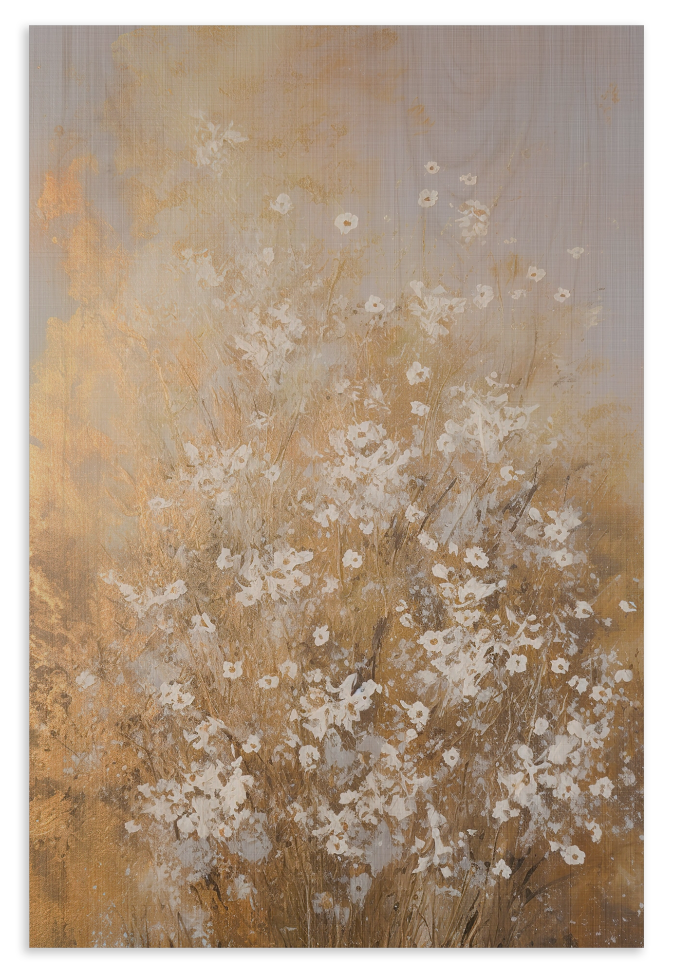 Houten wanddecoratie Bloemen spetters 2: kleine witte bloemen in een abstract beige en goudkleurig landschap.
