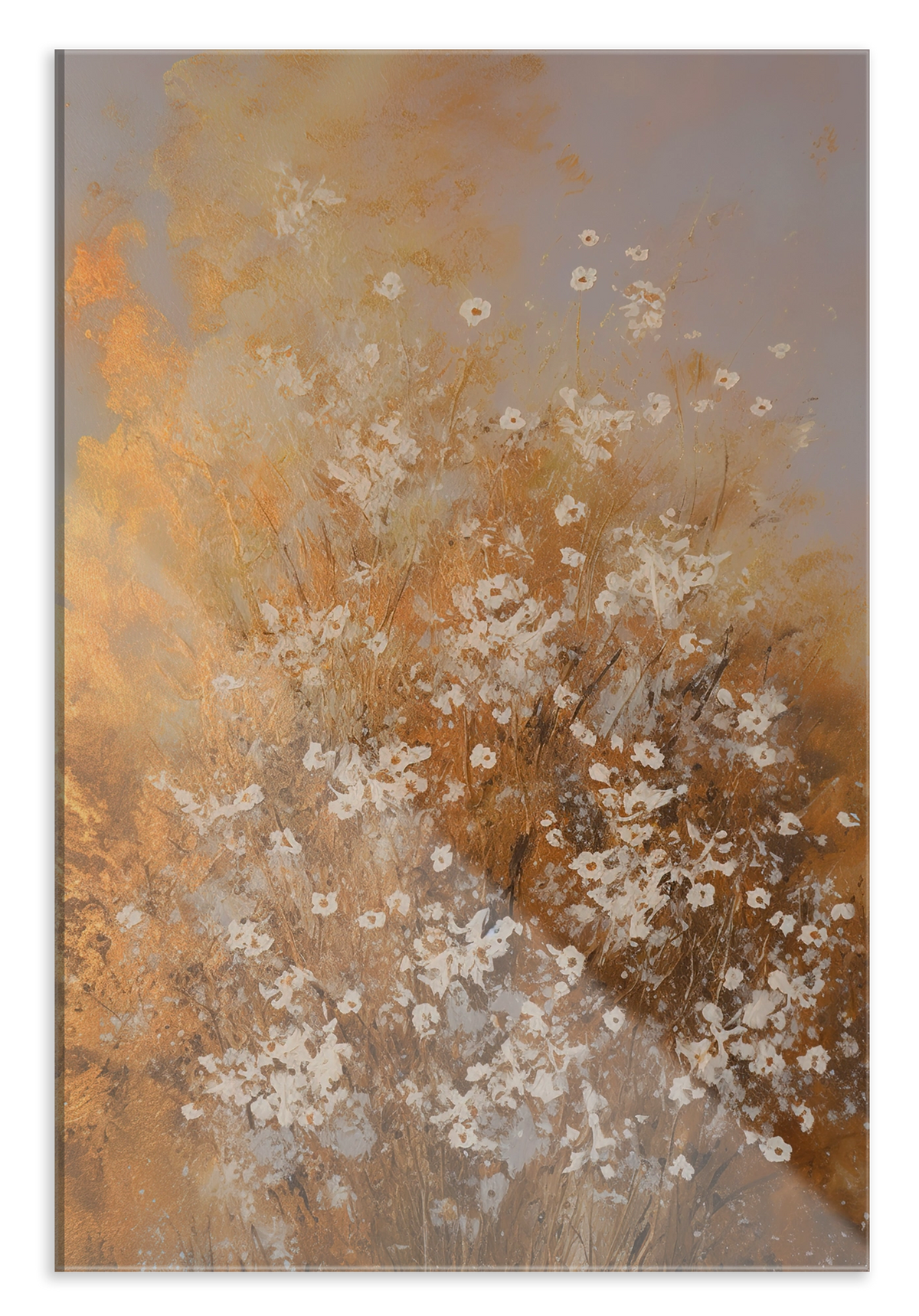 Plexiglas schilderij Bloemen spetters 2: kleine witte bloemen in een abstract beige en goudkleurig landschap.