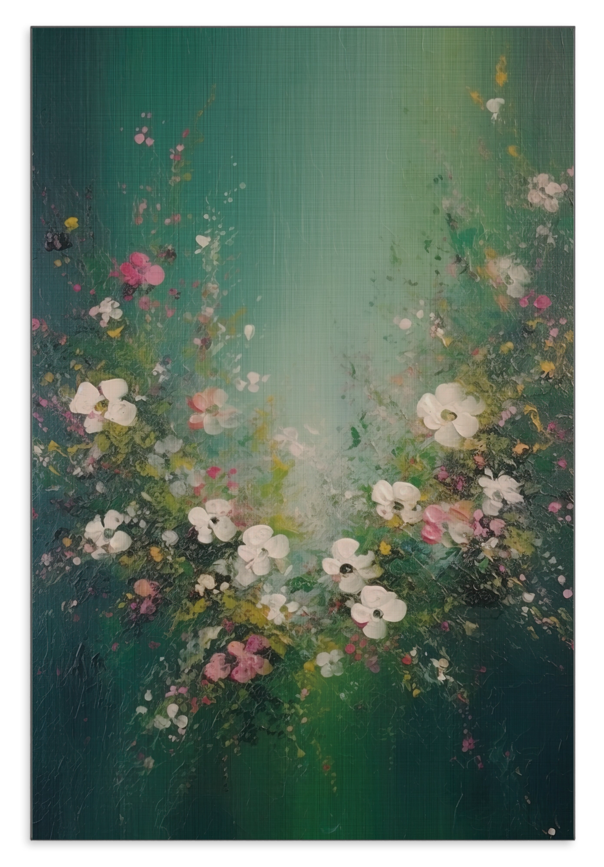 Aluminium Dibond schilderij Bloemen spetters 3: bloemen en vlinders tegen een abstracte groene achtergrond.