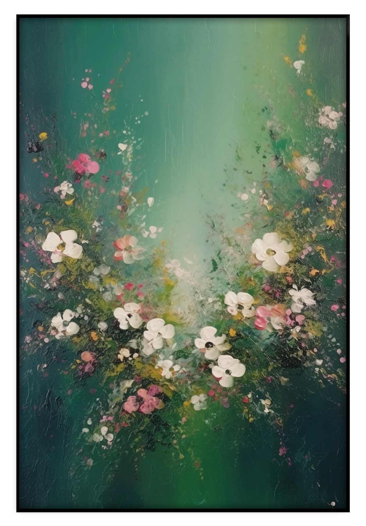 Artframe Bloemen spetters 3: bloemen en vlinders tegen een abstracte groene achtergrond.