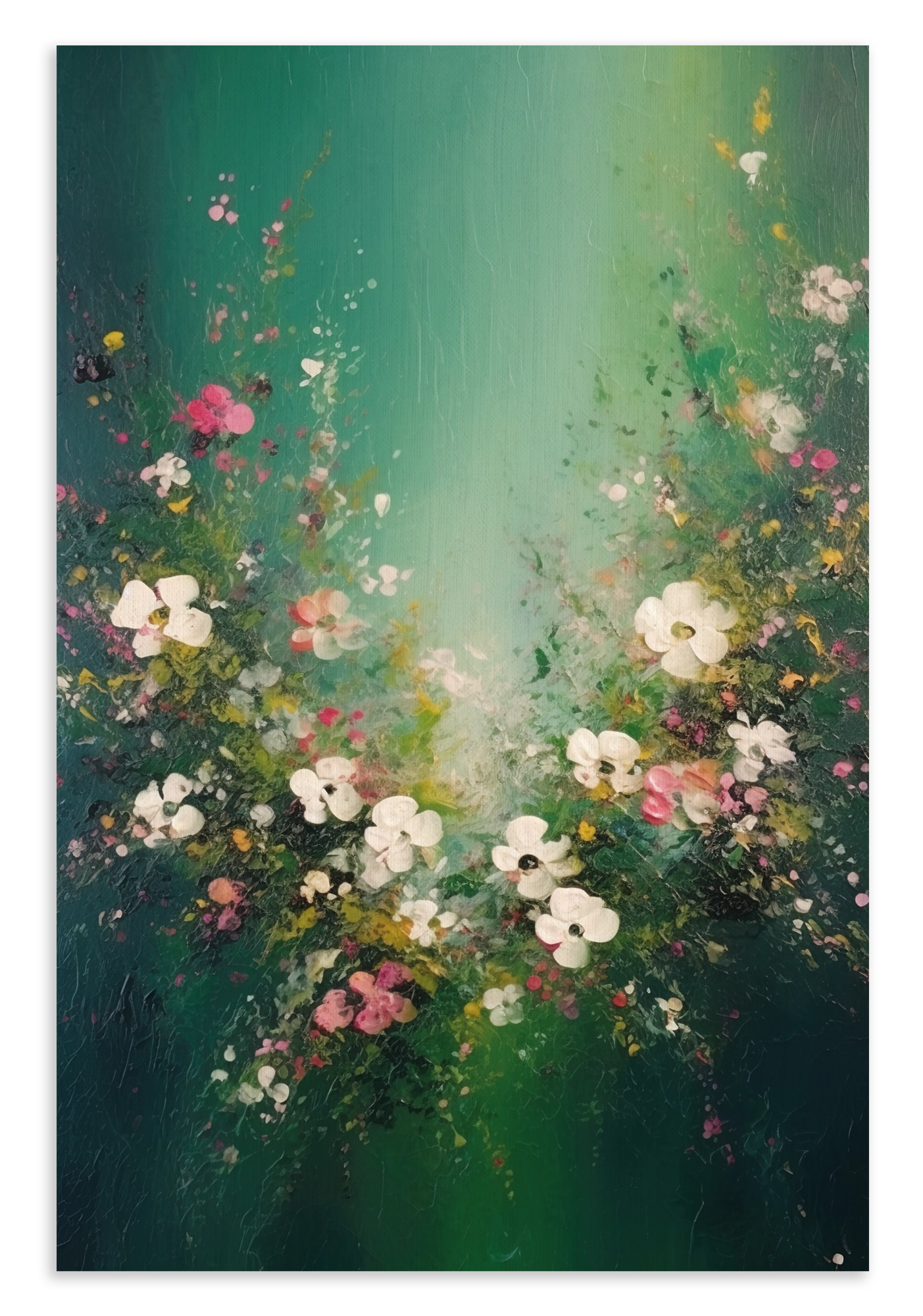 Canvas schilderij Bloemen spetters 3: bloemen en vlinders tegen een abstracte groene achtergrond.