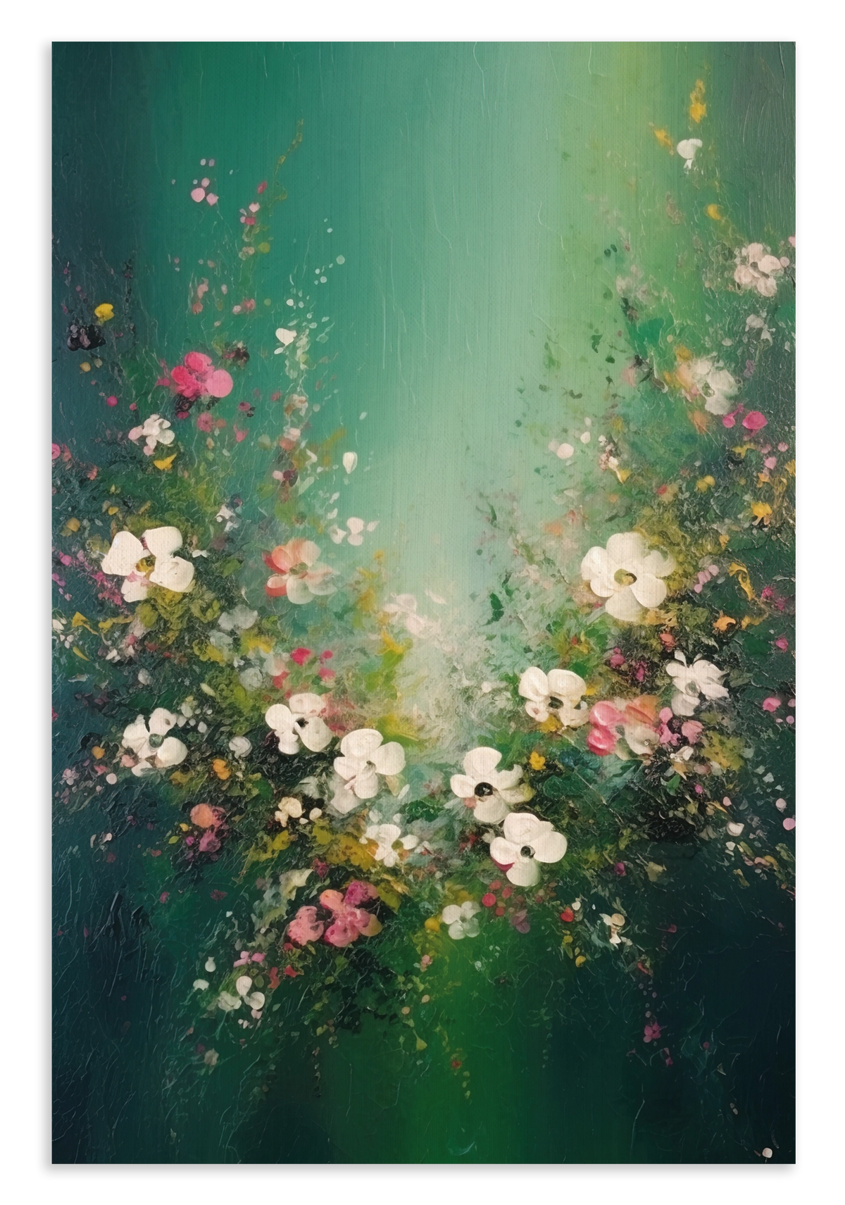 Canvas schilderij Bloemen spetters 3: bloemen en vlinders tegen een abstracte groene achtergrond.