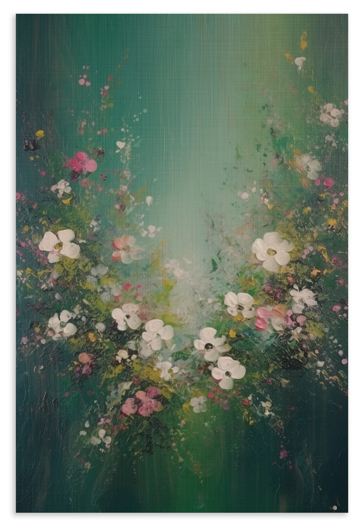 Houten wanddecoratie Bloemen spetters 3: bloemen en vlinders tegen een abstracte groene achtergrond.