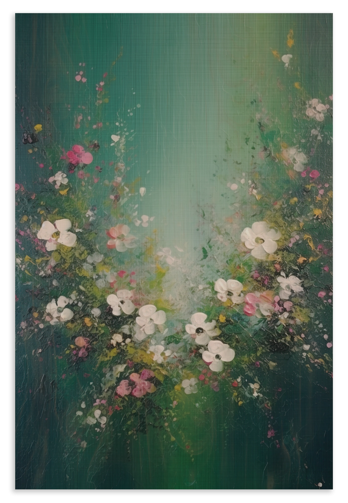 Houten wanddecoratie Bloemen spetters 3: bloemen en vlinders tegen een abstracte groene achtergrond.