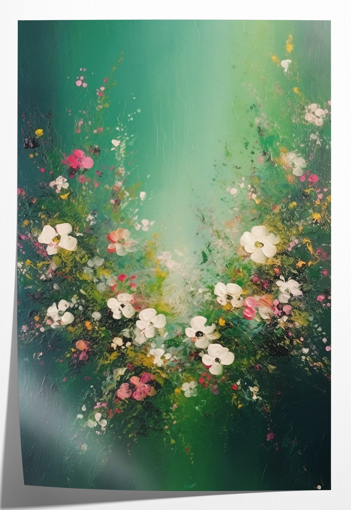 Papieren poster Bloemen spetters 3: bloemen en vlinders tegen een abstracte groene achtergrond.