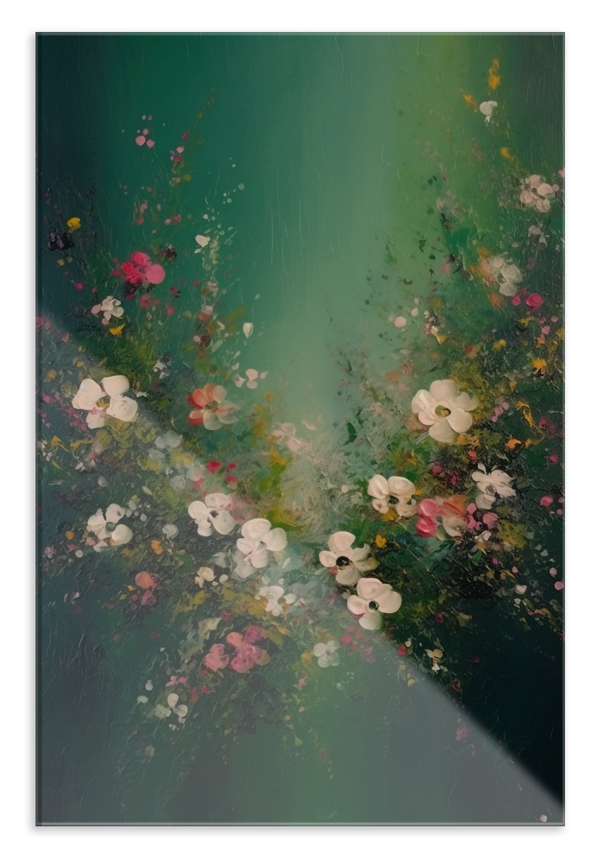 Plexiglas schilderij Bloemen spetters 3: bloemen en vlinders tegen een abstracte groene achtergrond.