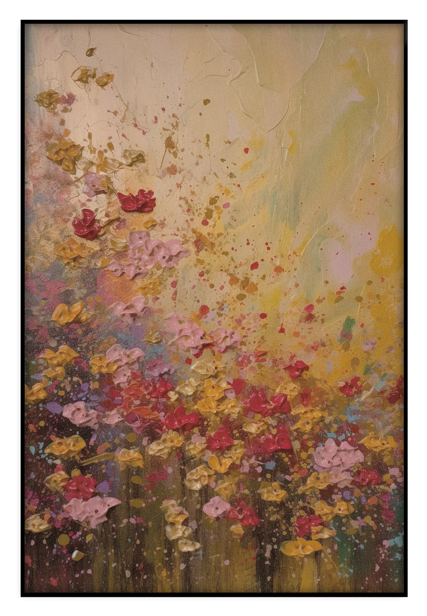 Akoestisch paneel Bloemen spetters: kleurrijke bloemen met losse verfspatten op een warme achtergrond.