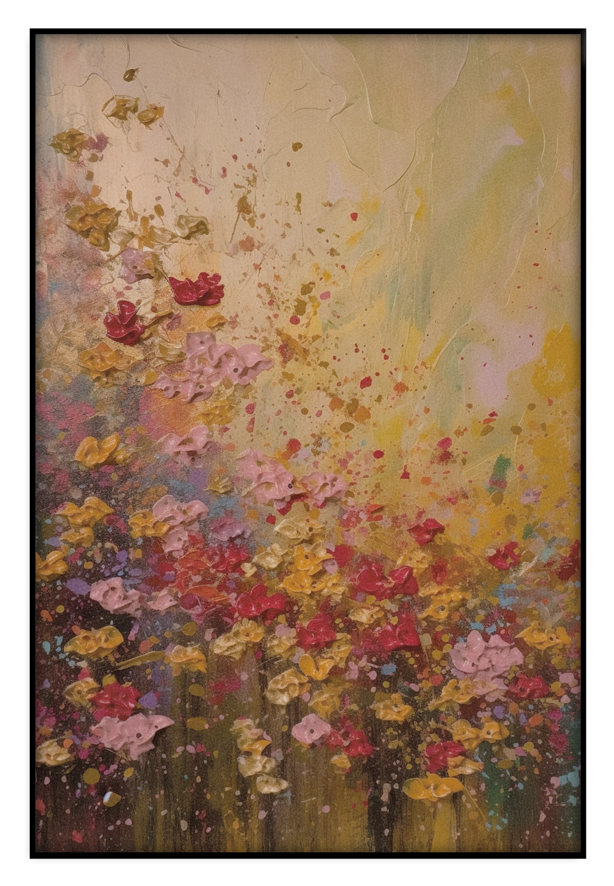 Akoestisch paneel Bloemen spetters: kleurrijke bloemen met losse verfspatten op een warme achtergrond.