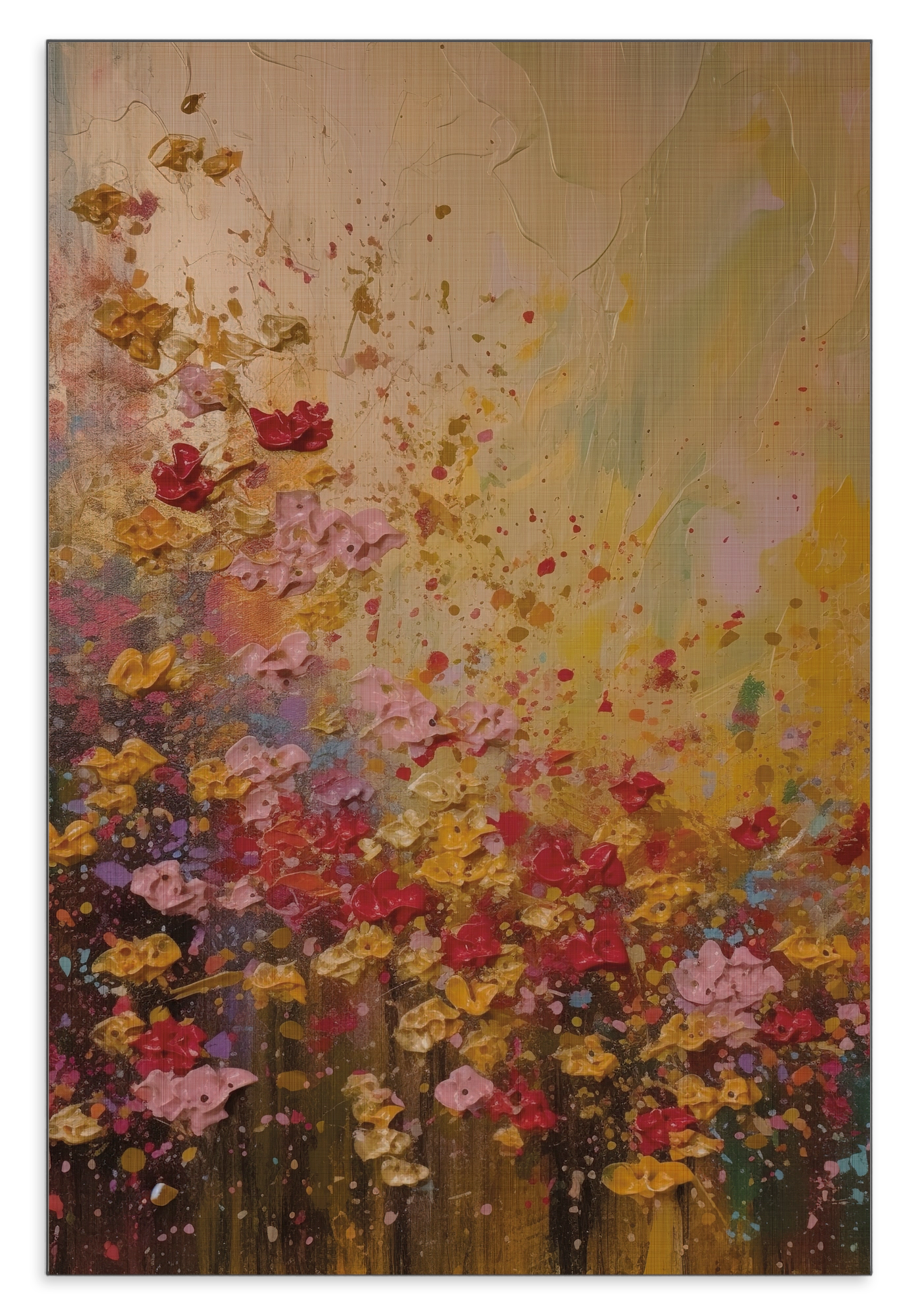 Aluminium Dibond schilderij Bloemen spetters: kleurrijke bloemen met losse verfspatten op een warme achtergrond.