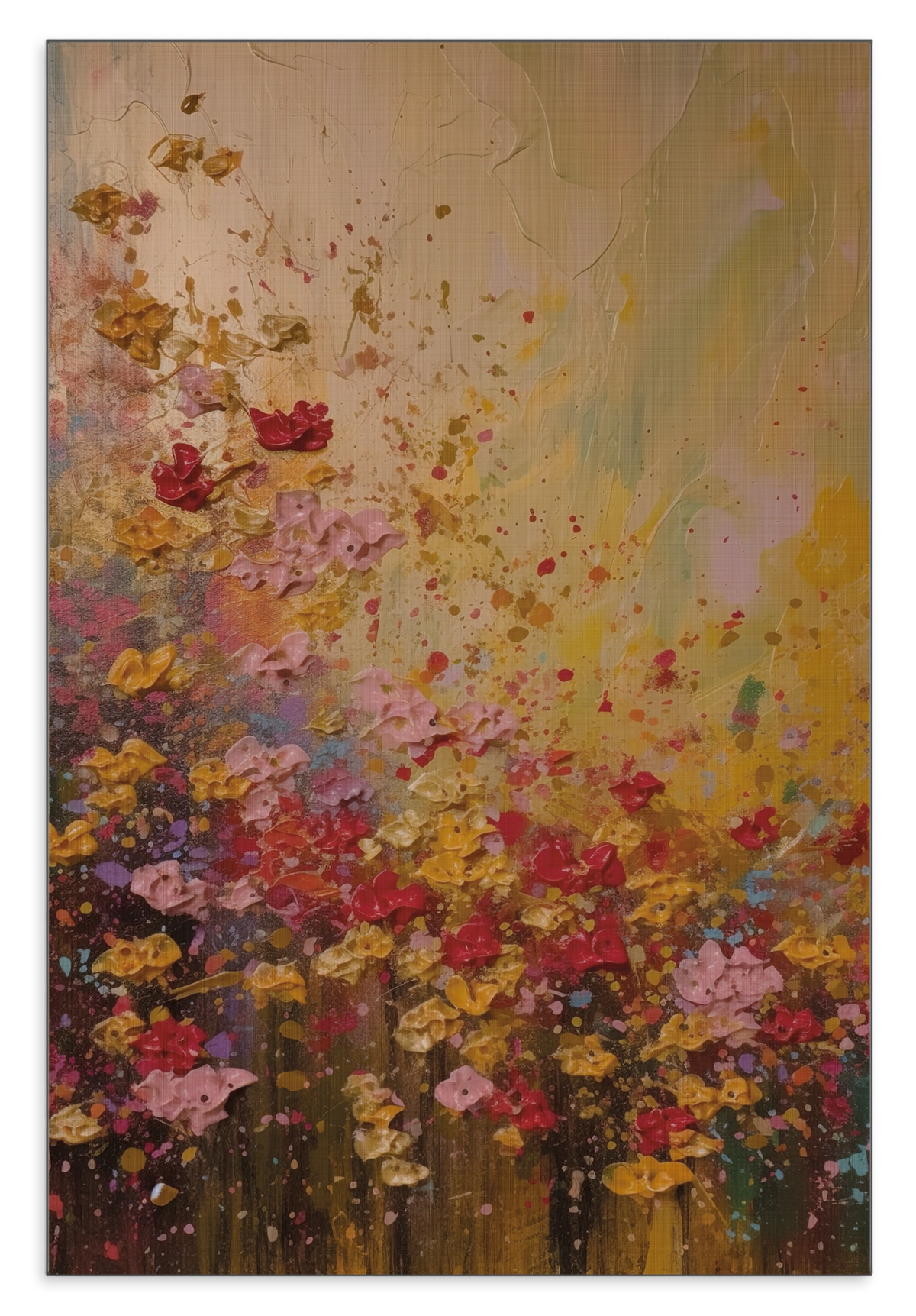 Aluminium Dibond schilderij Bloemen spetters: kleurrijke bloemen met losse verfspatten op een warme achtergrond.