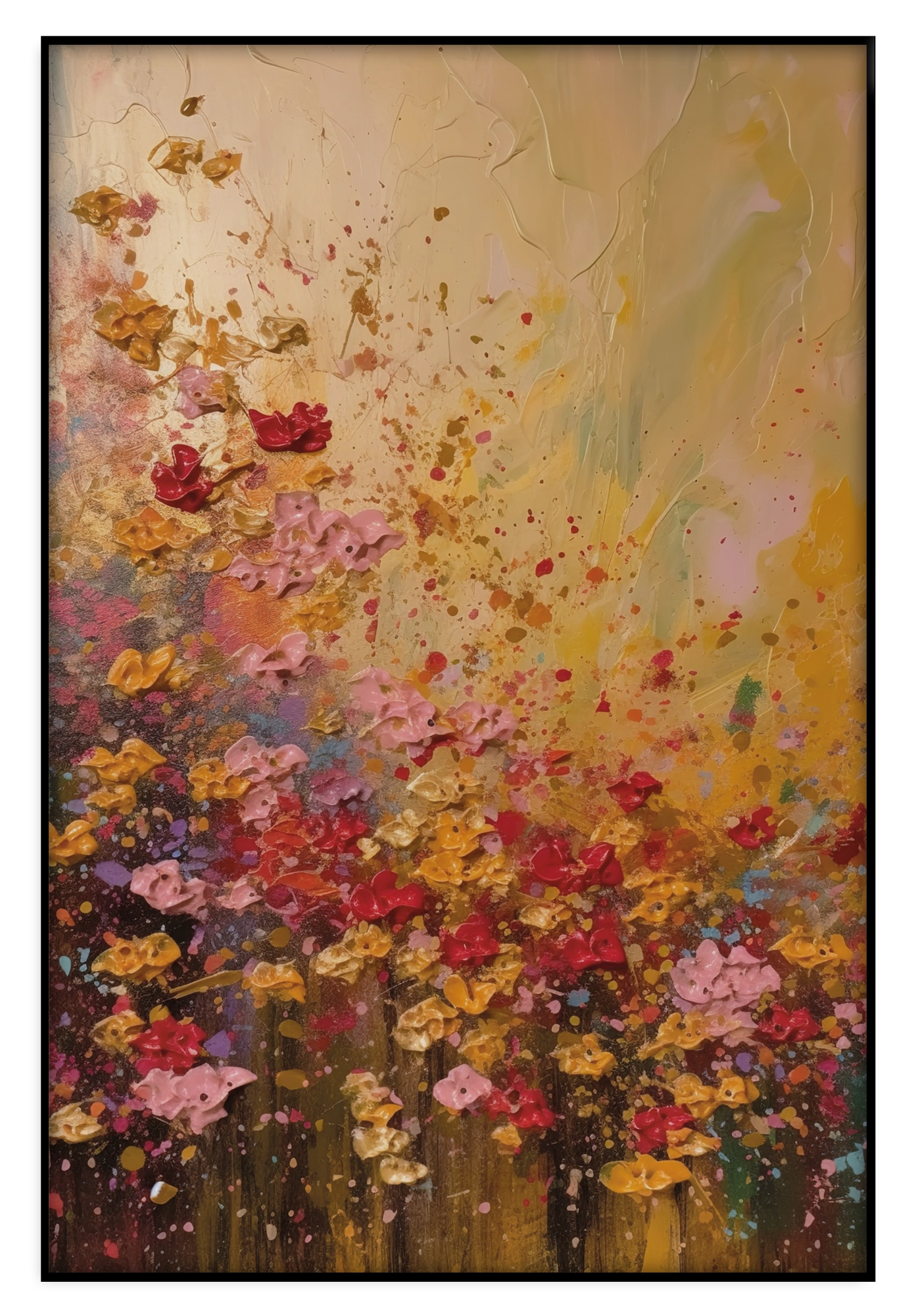 Artframe Bloemen spetters: kleurrijke bloemen met losse verfspatten op een warme achtergrond.