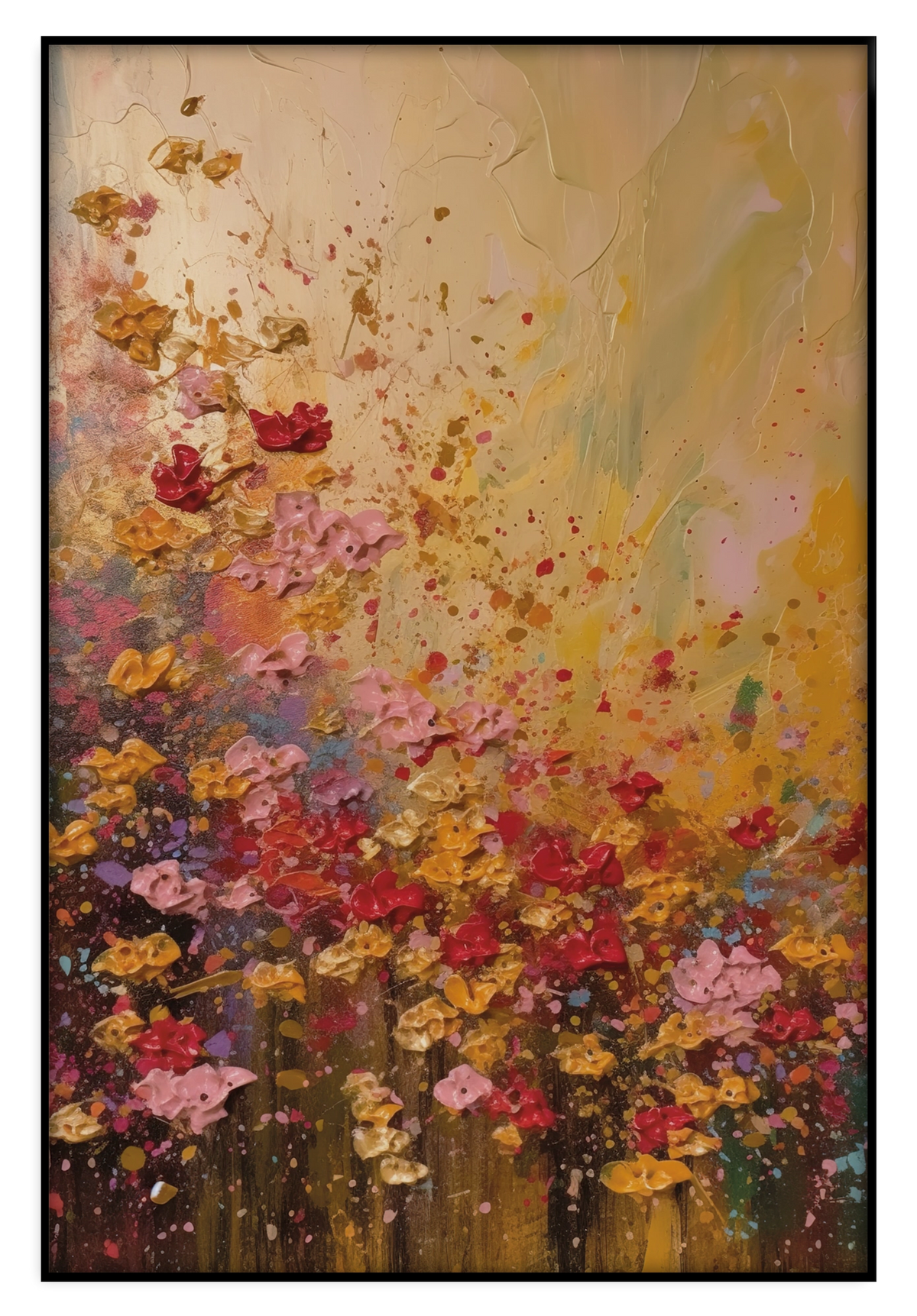 Artframe Bloemen spetters: kleurrijke bloemen met losse verfspatten op een warme achtergrond.
