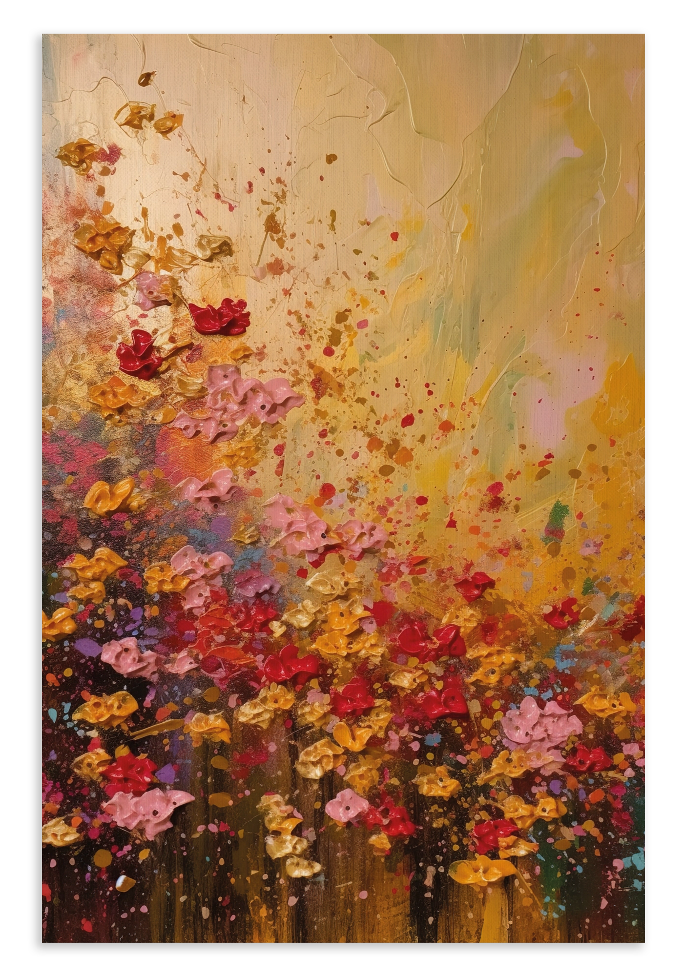 Canvas schilderij Bloemen spetters: kleurrijke bloemen met losse verfspatten op een warme achtergrond.