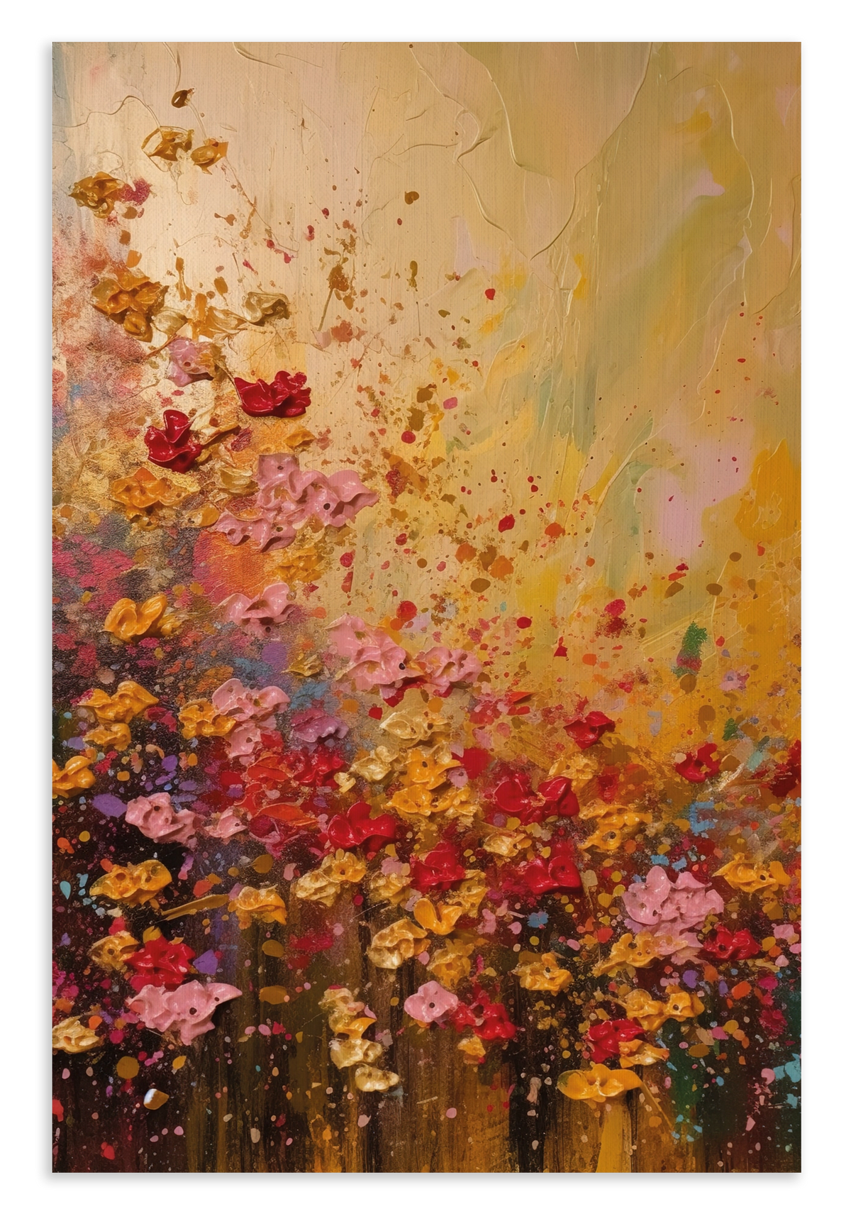 Canvas schilderij Bloemen spetters: kleurrijke bloemen met losse verfspatten op een warme achtergrond.