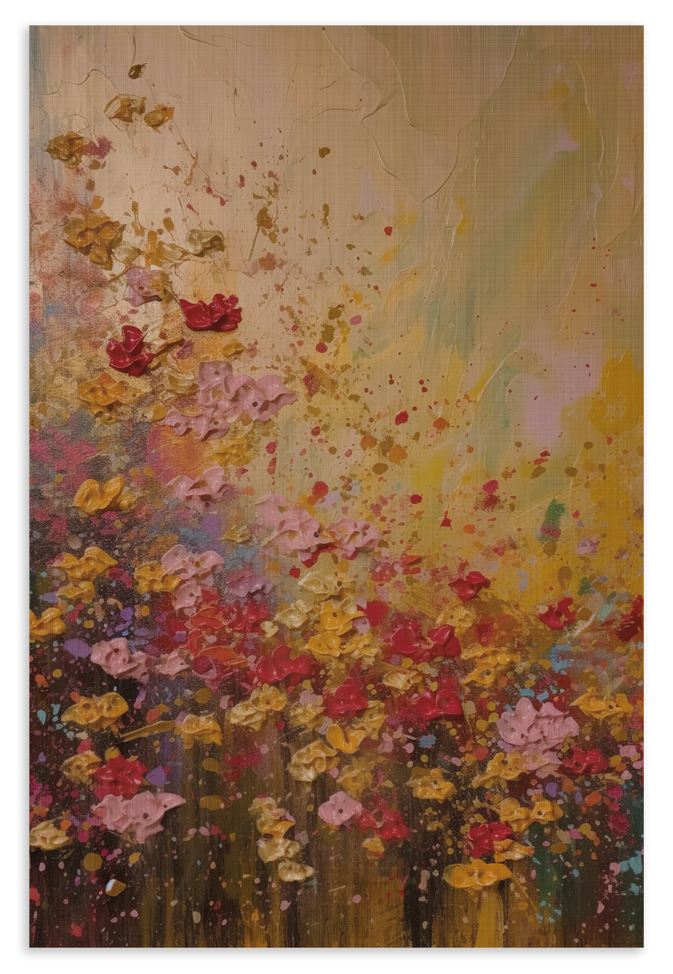 Houten wanddecoratie Bloemen spetters: kleurrijke bloemen met losse verfspatten op een warme achtergrond.
