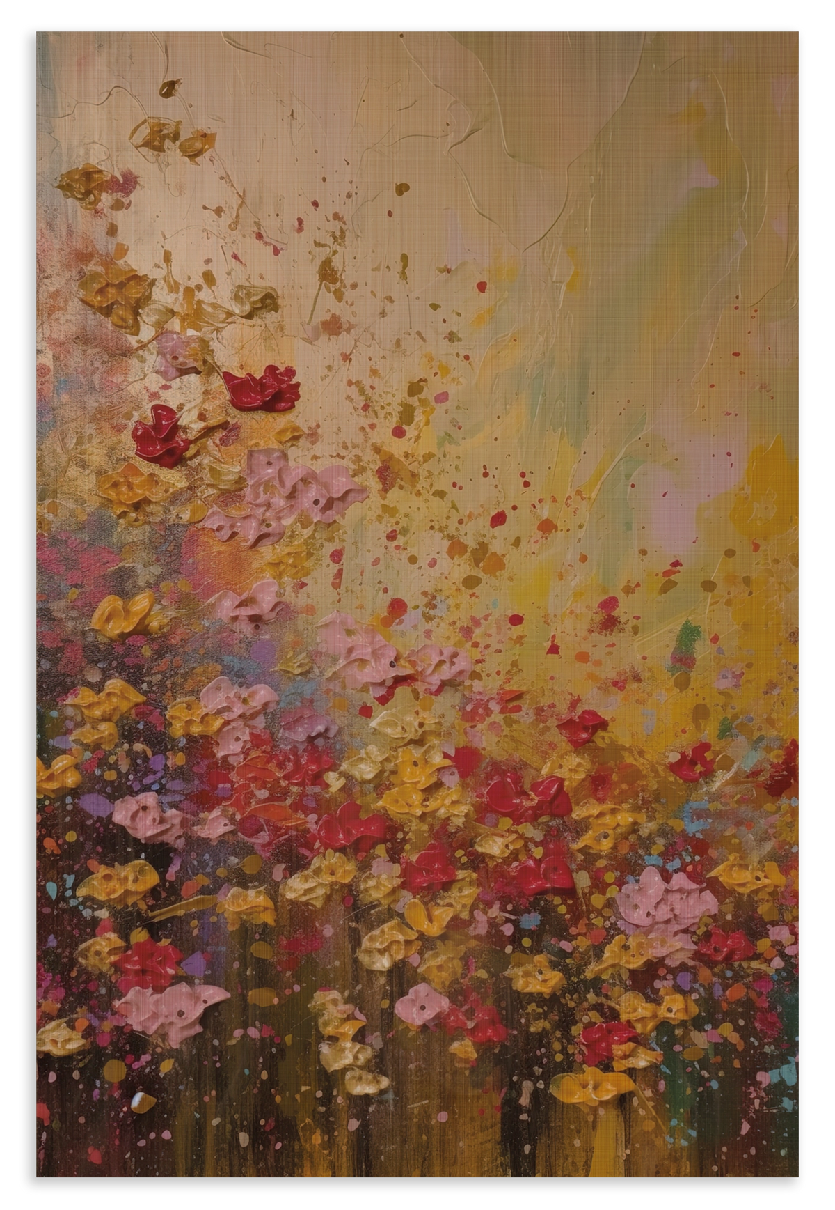 Houten wanddecoratie Bloemen spetters: kleurrijke bloemen met losse verfspatten op een warme achtergrond.