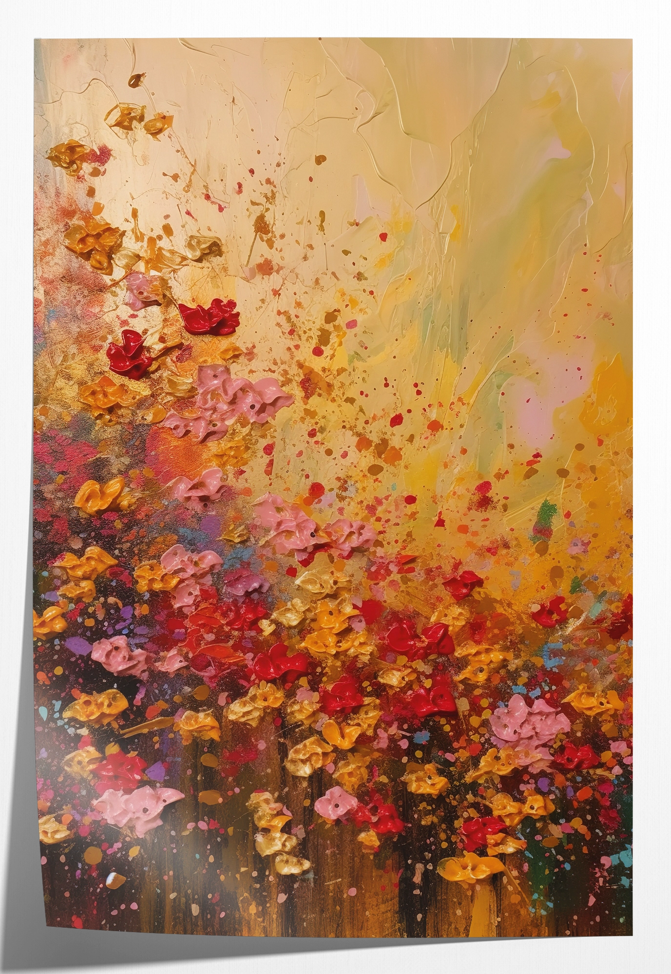 Papieren poster Bloemen spetters: kleurrijke bloemen met losse verfspatten op een warme achtergrond.