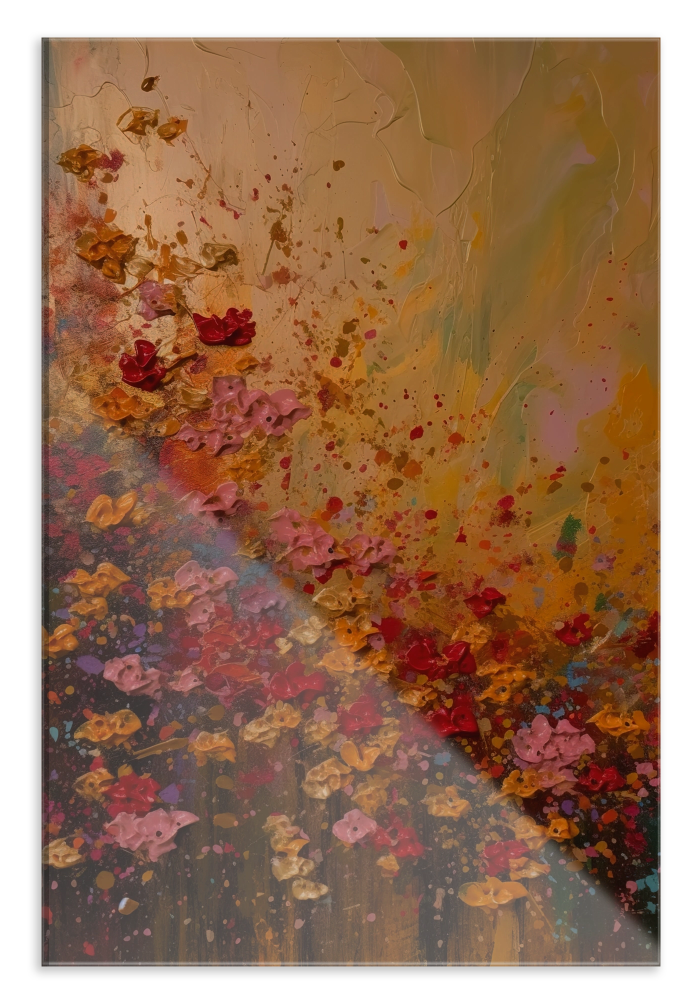Plexiglas schilderij Bloemen spetters: kleurrijke bloemen met losse verfspatten op een warme achtergrond.