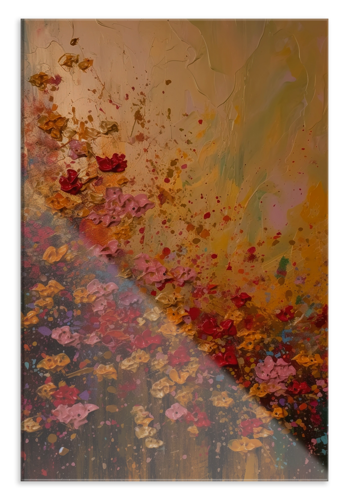 Plexiglas schilderij Bloemen spetters: kleurrijke bloemen met losse verfspatten op een warme achtergrond.