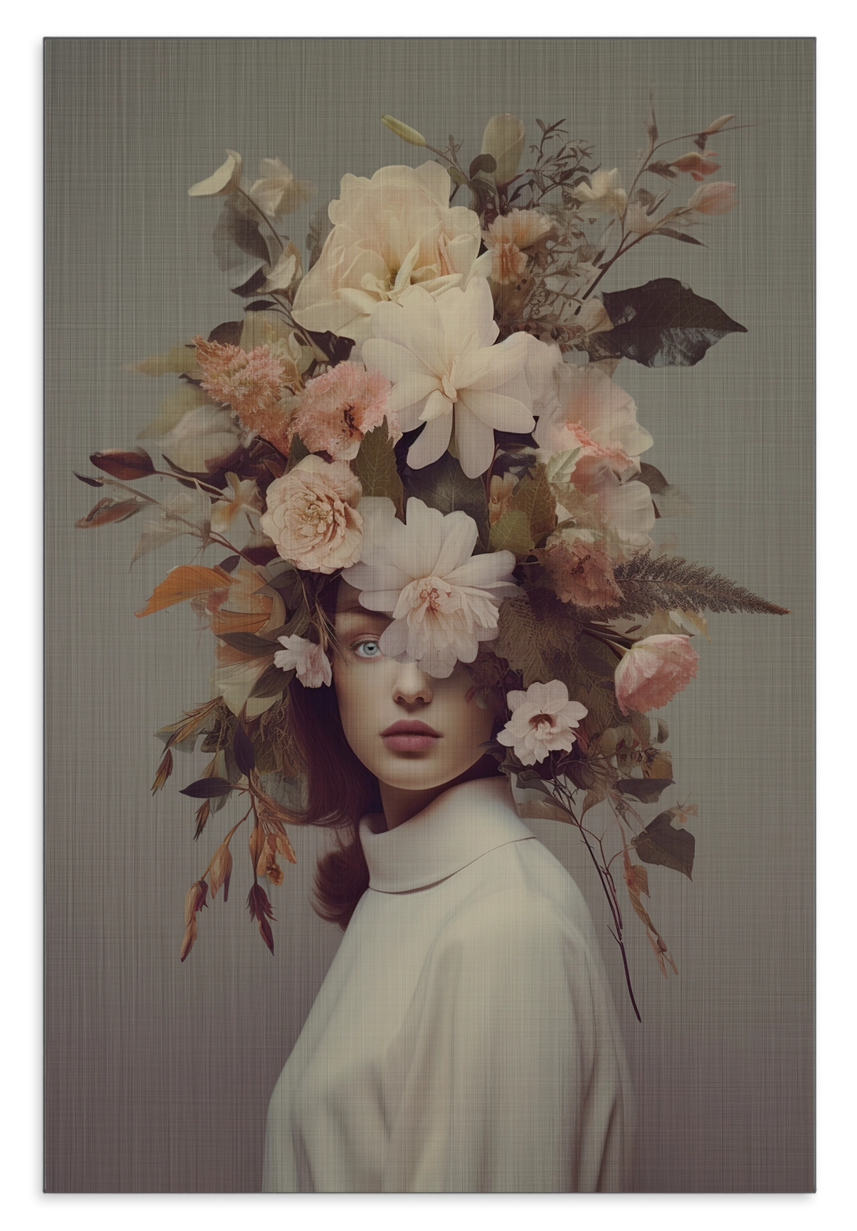 Aluminium Dibond schilderij Bloemen Vrouw 5: vrouw met een grote kroon van lichte bloemen en bladeren.