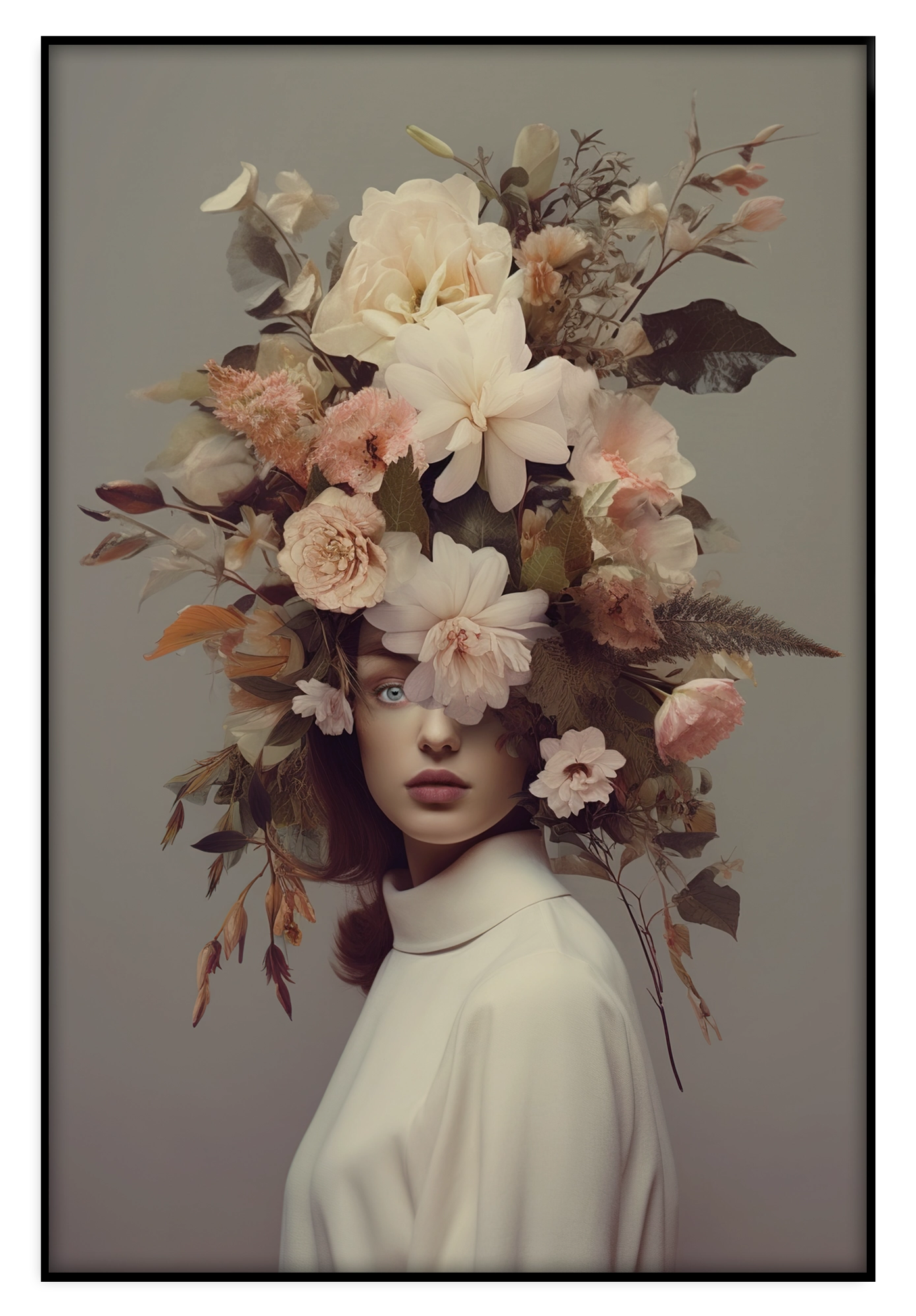 Artframe Bloemen Vrouw 5: vrouw met een grote kroon van lichte bloemen en bladeren.