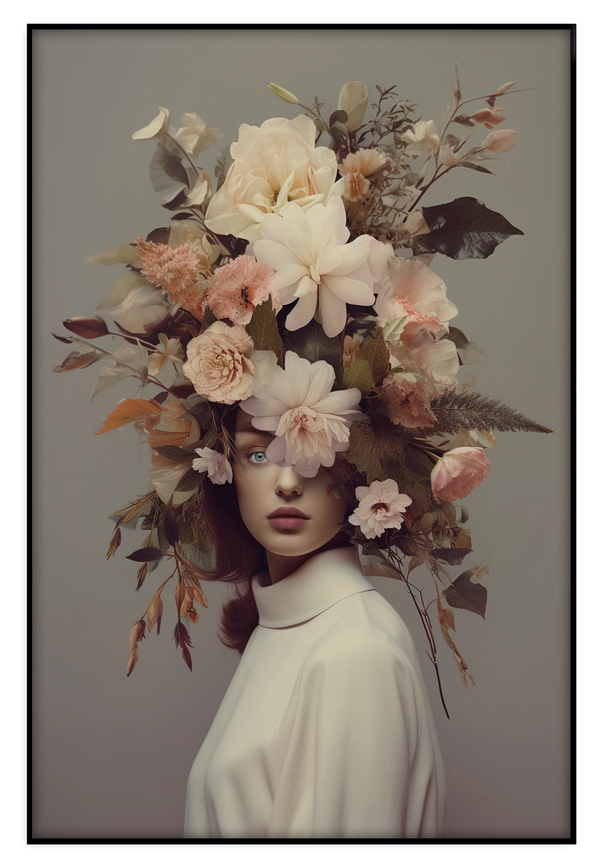 Artframe Bloemen Vrouw 5: vrouw met een grote kroon van lichte bloemen en bladeren.