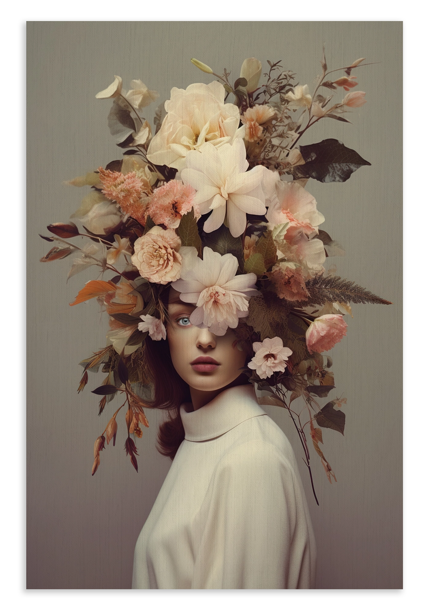 Canvas schilderij Bloemen Vrouw 5: vrouw met een grote kroon van lichte bloemen en bladeren.