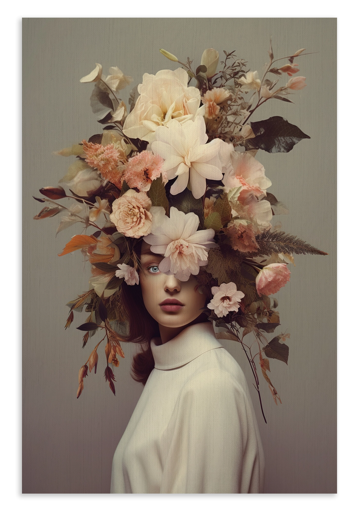 Canvas schilderij Bloemen Vrouw 5: vrouw met een grote kroon van lichte bloemen en bladeren.
