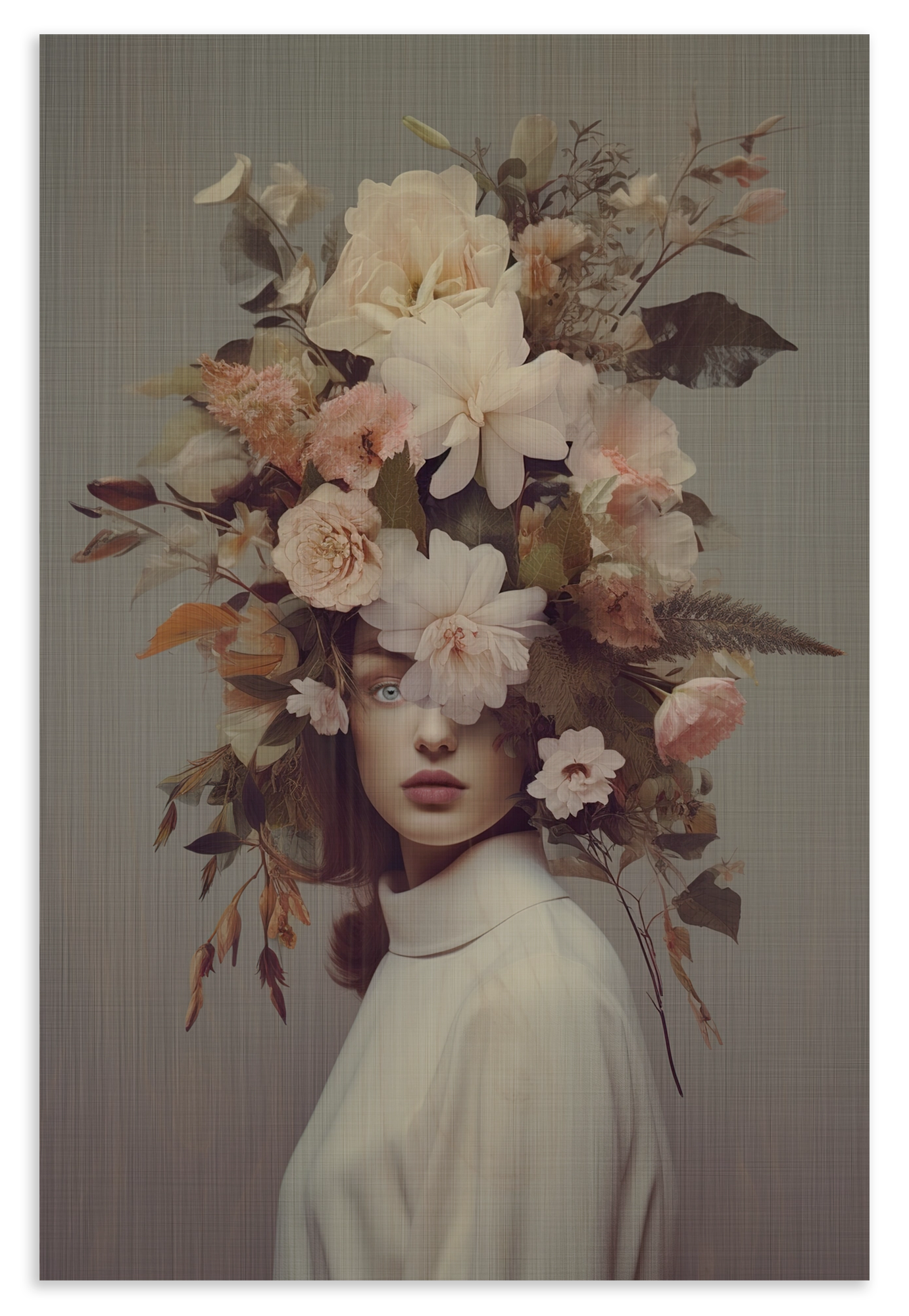 Houten wanddecoratie Bloemen Vrouw 5: vrouw met een grote kroon van lichte bloemen en bladeren.