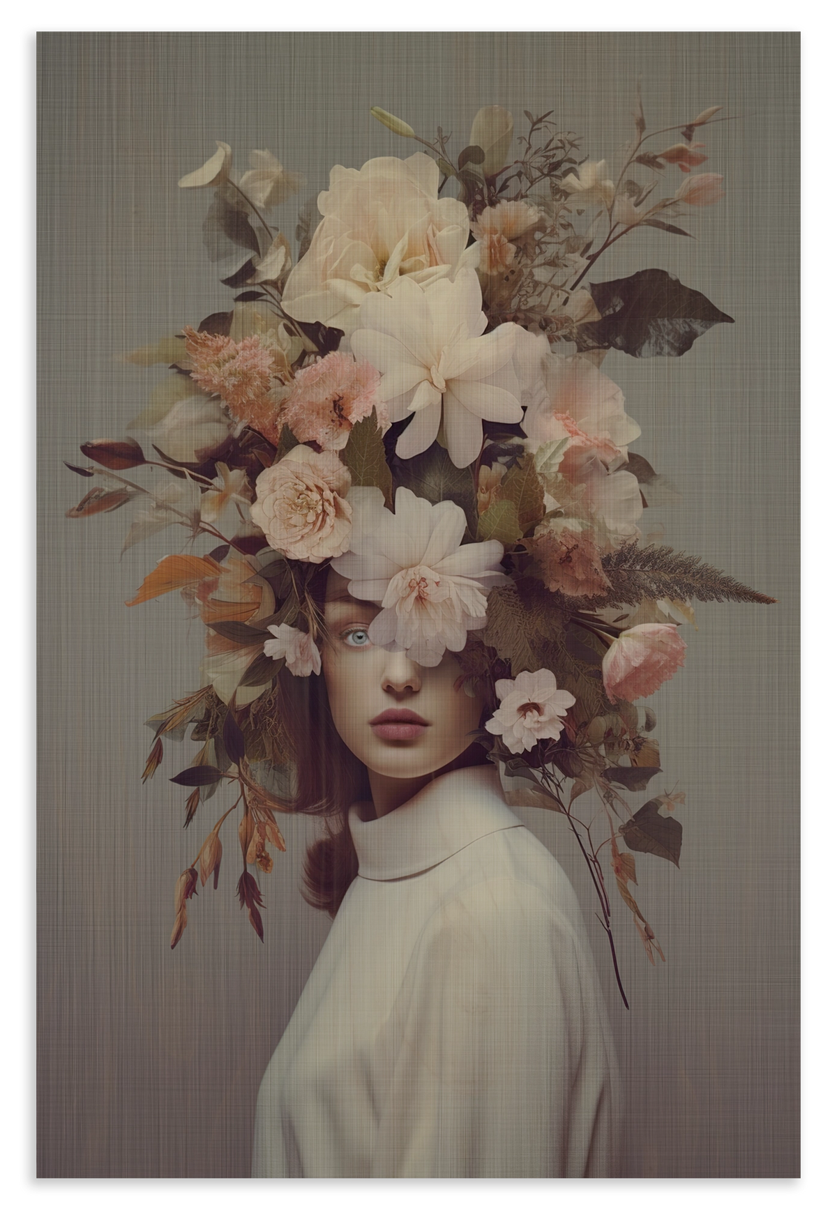 Houten wanddecoratie Bloemen Vrouw 5: vrouw met een grote kroon van lichte bloemen en bladeren.