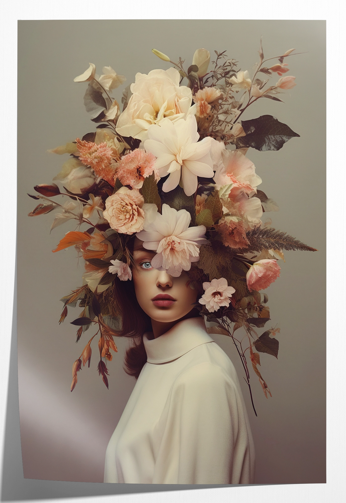 Papieren poster Bloemen Vrouw 5: vrouw met een grote kroon van lichte bloemen en bladeren.
