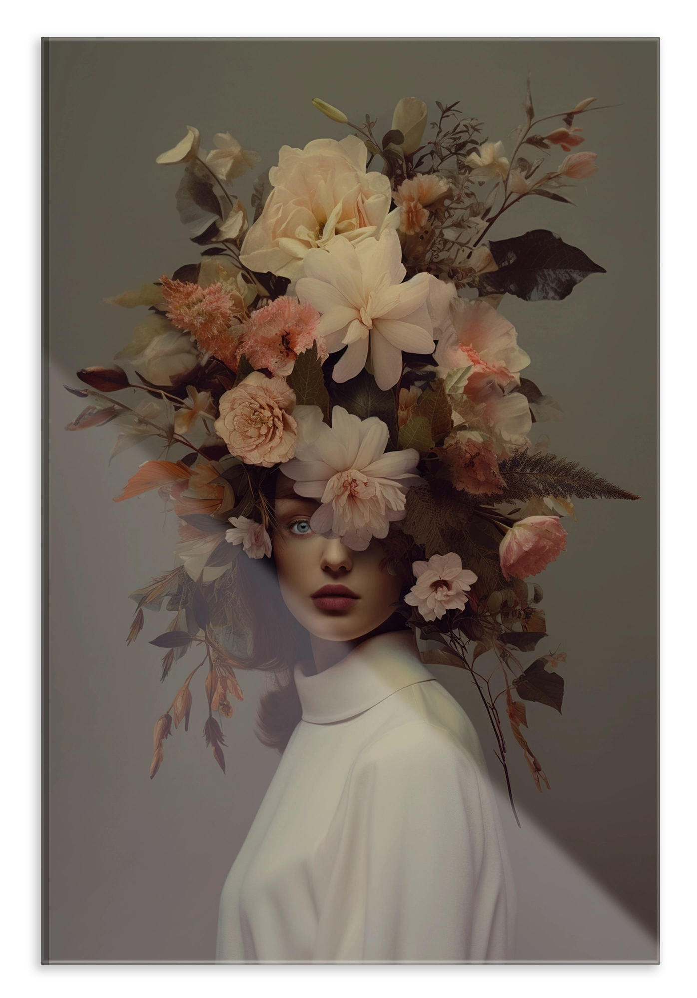 Plexiglas schilderij Bloemen Vrouw 5: vrouw met een grote kroon van lichte bloemen en bladeren.